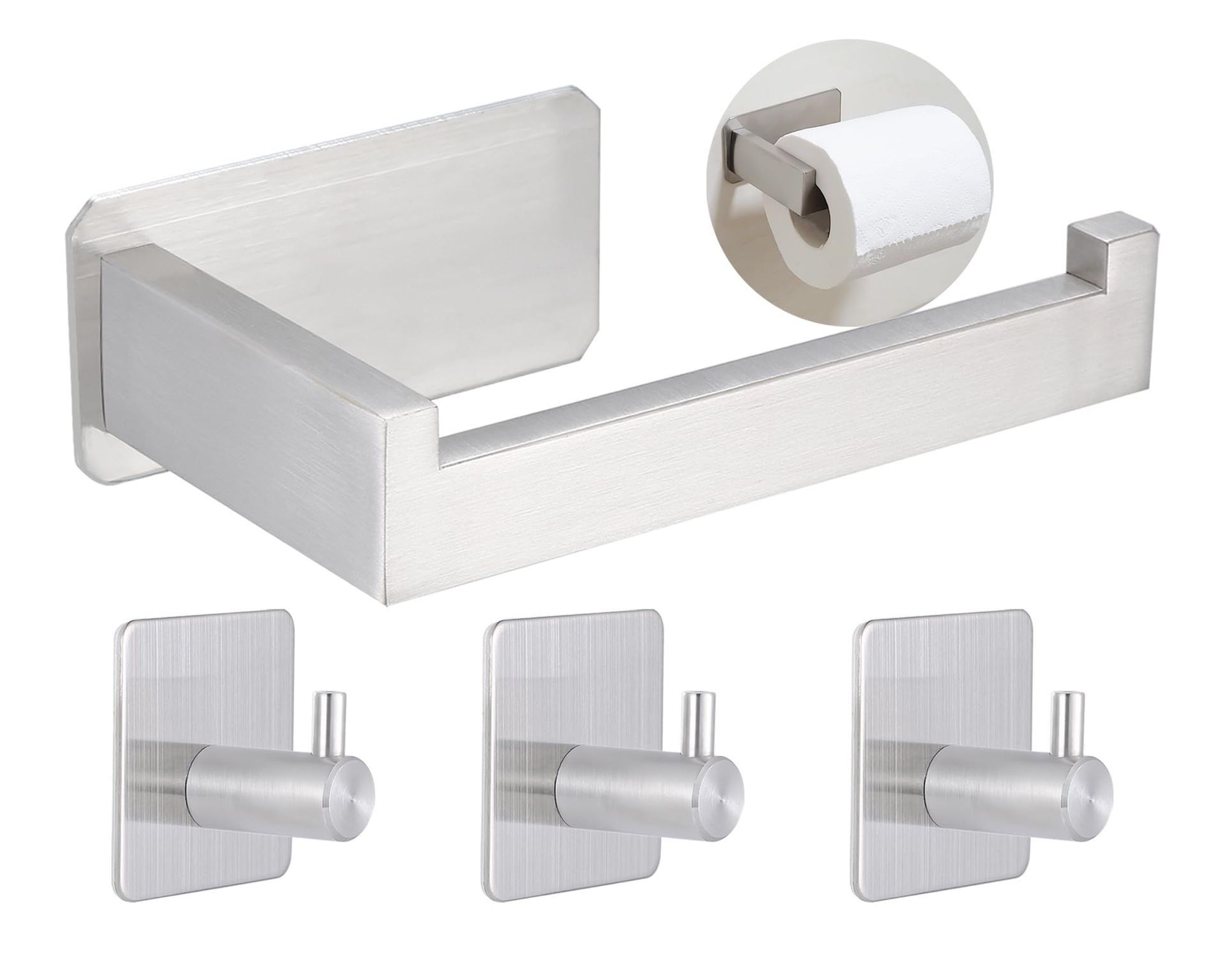 Silver Wall Mounted Toilet Roll Holder & 3 Towel Hooks - No Drilling, Stainless Steel