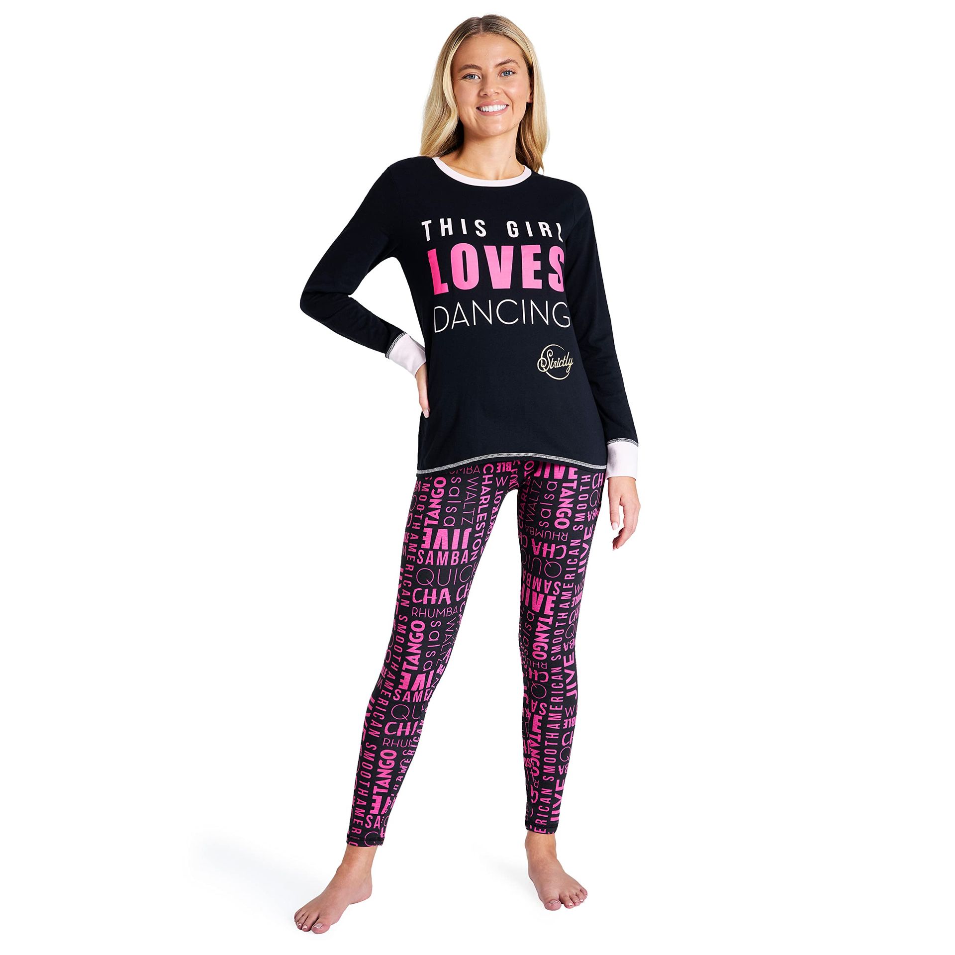 Ladies Strictly Come Dancing Pyjamas Set - Cotton-Rich Loungewear with Reversible Sequin Top, Black, Size L