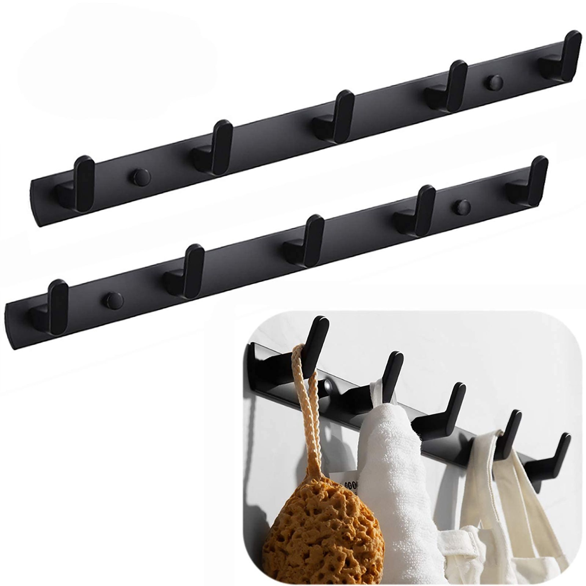 Wall Mounted Coat Rack Modern Hanger Holder Towel Rack with 5 Hooks Durable Metal Design - Black 5 Hooks (2 Packs)