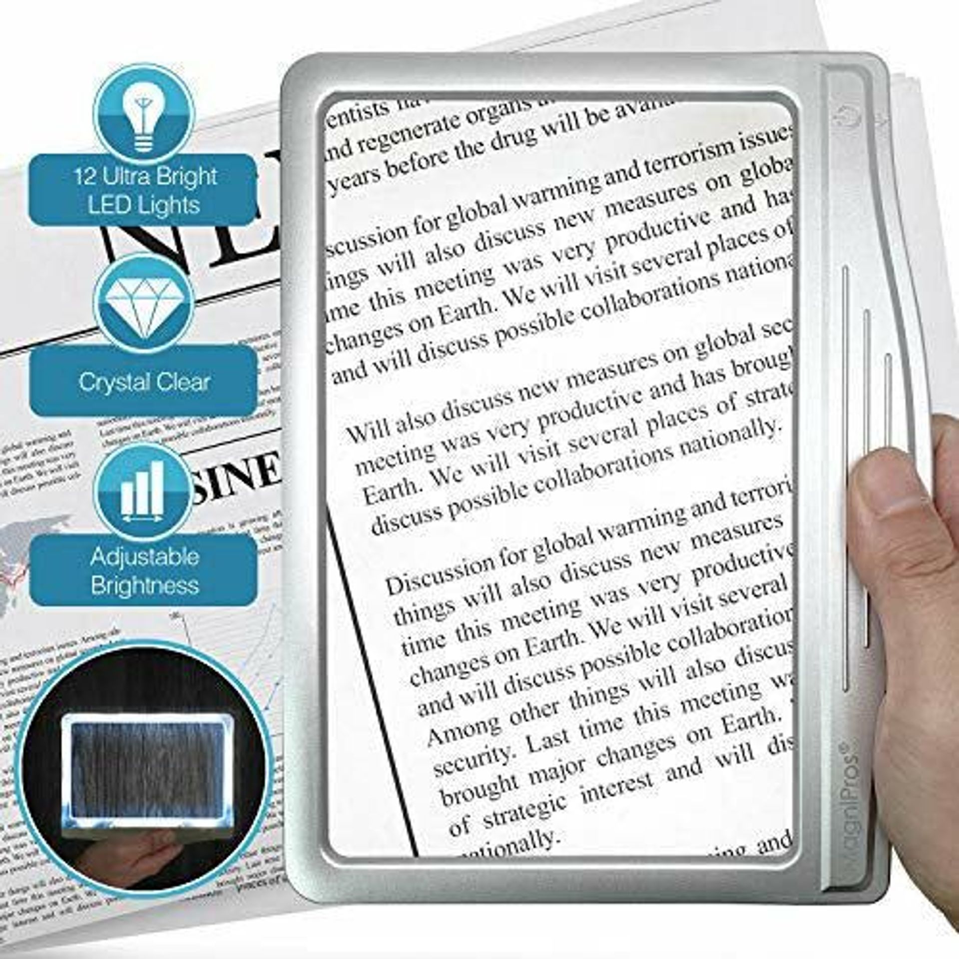 MagniPros 3X Large Ultra Bright LED Page Magnifier with 12 Anti-Glare Dimmable LEDs