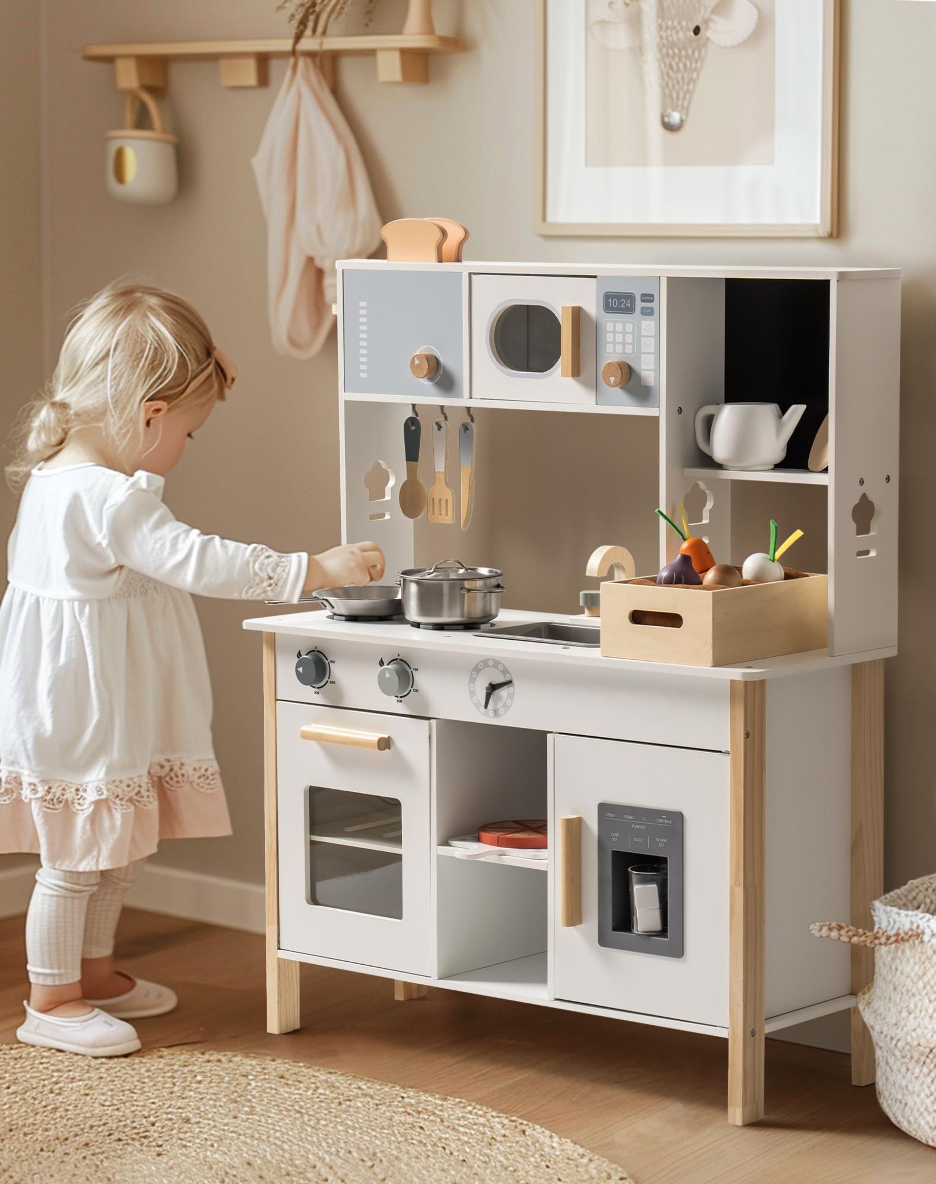 Wooden Play Kitchen for Kids with Toaster Planting Box Chalkboard & Accessories - White 11.81x30.71x39.37in