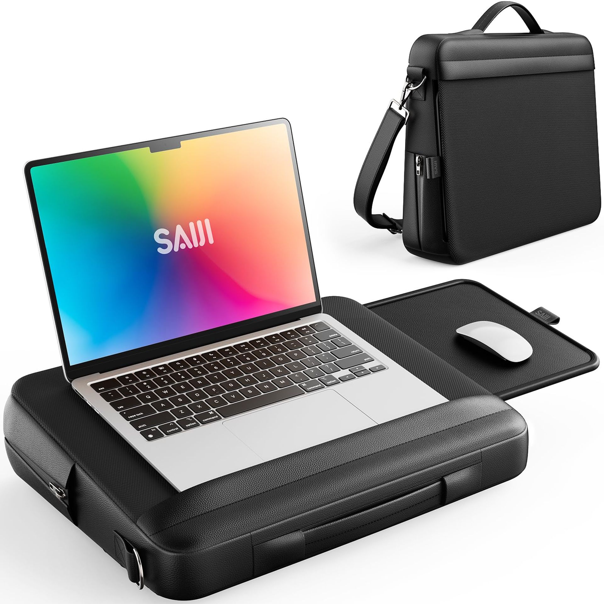 Laptop Tray and Laptop Bag Dual-Use with Wrist Rest, Mouse Area, Breathable Surface, Shoulder Carry and Side Pockets - Black 57x31x10cm