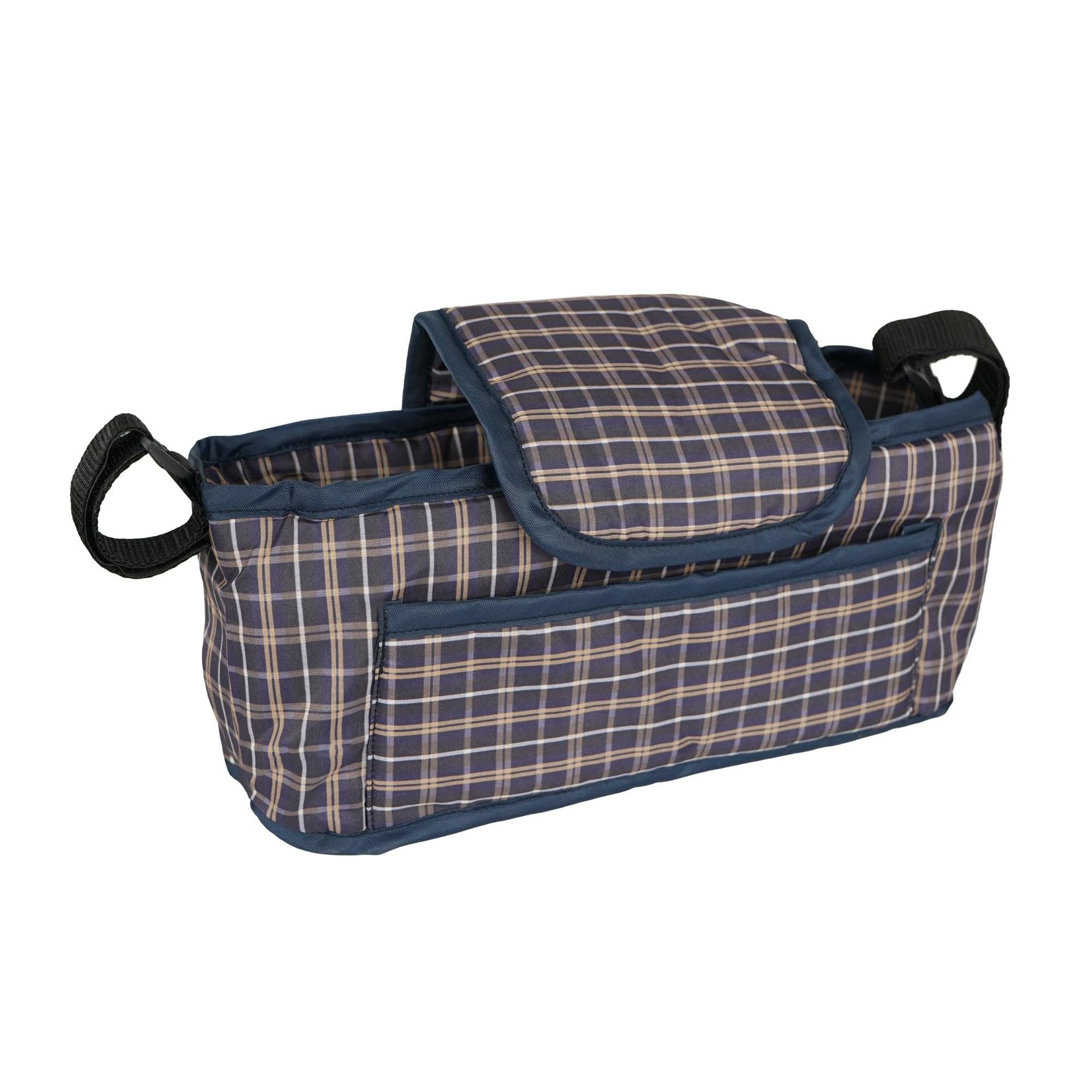 Pet Stroller Caddy Organiser Waterproof Oxford Fabric Large Capacity Travel Bag with Cup Holder & Front Pocket - Blue Tartan