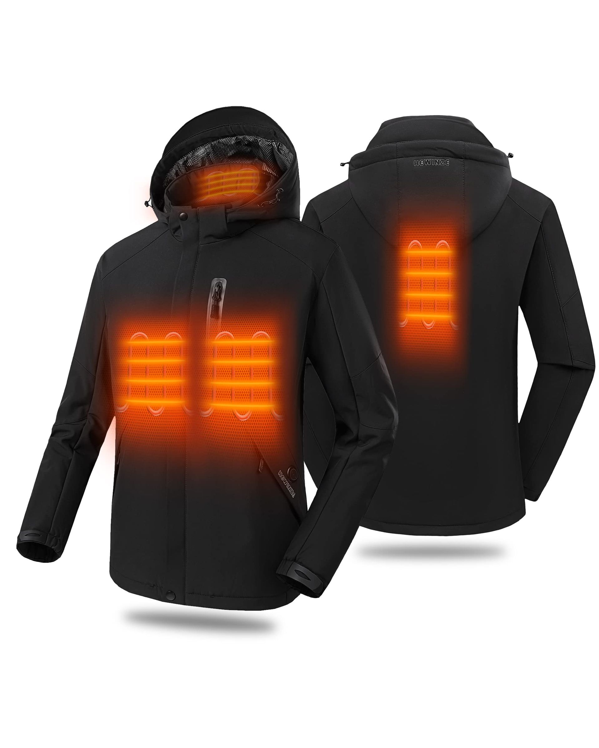 HEWINZE heated jacket for men with battery pack-Waterproof Jacket with detachable hood-soft shell jacket for Motorcycle, Skiing, Working Outdoors.