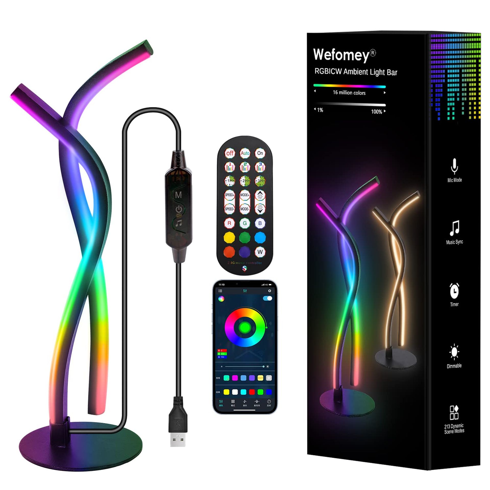 Modern LED Bedside Table Lamp with RGB Colour Changing, App & Remote Control, Music Sync, Dimmable Ambience Lighting