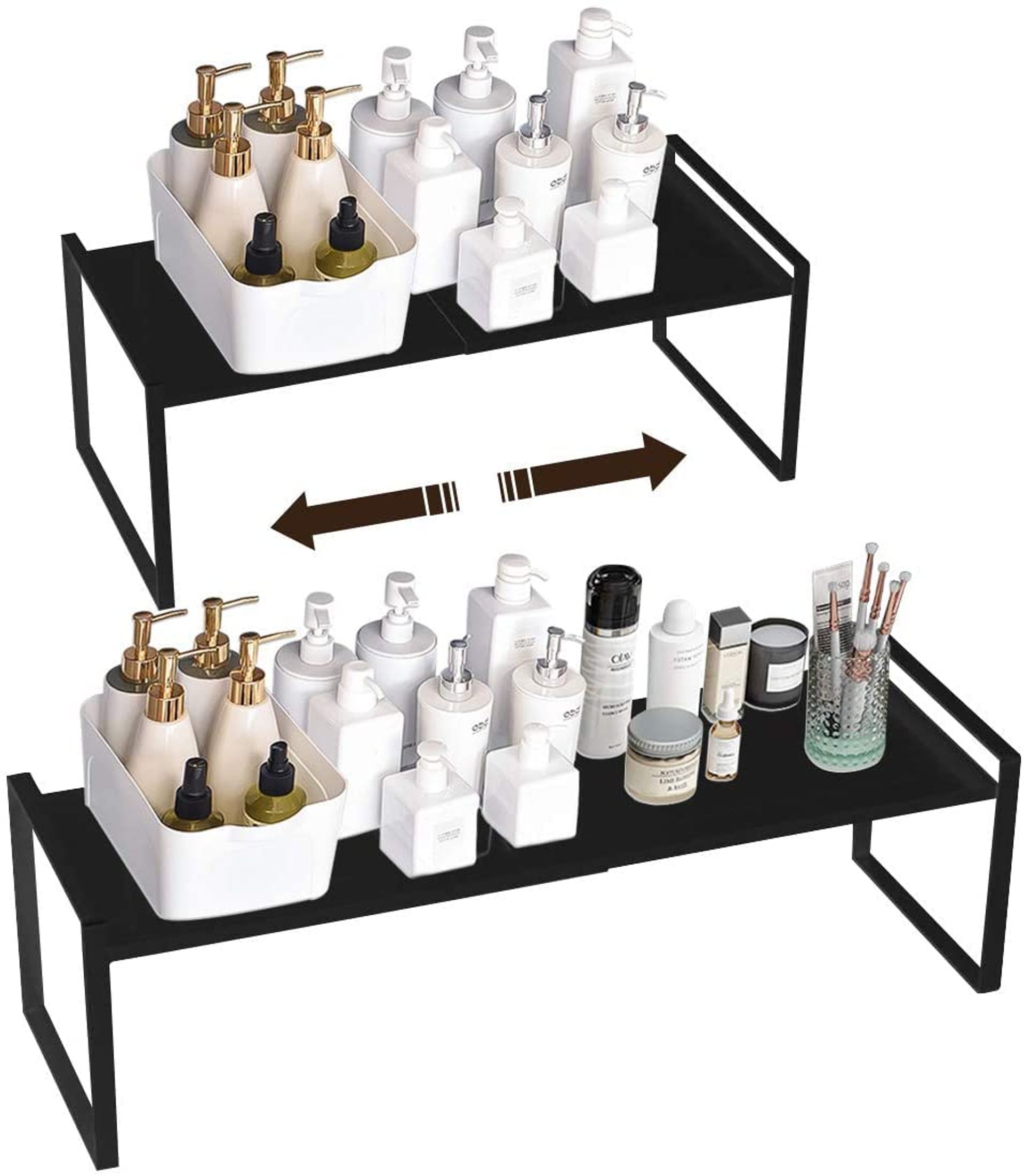 Extendable Kitchen Cupboard Shelf Organiser Adjustable Storage Rack for Cabinets and Countertops - Black Medium