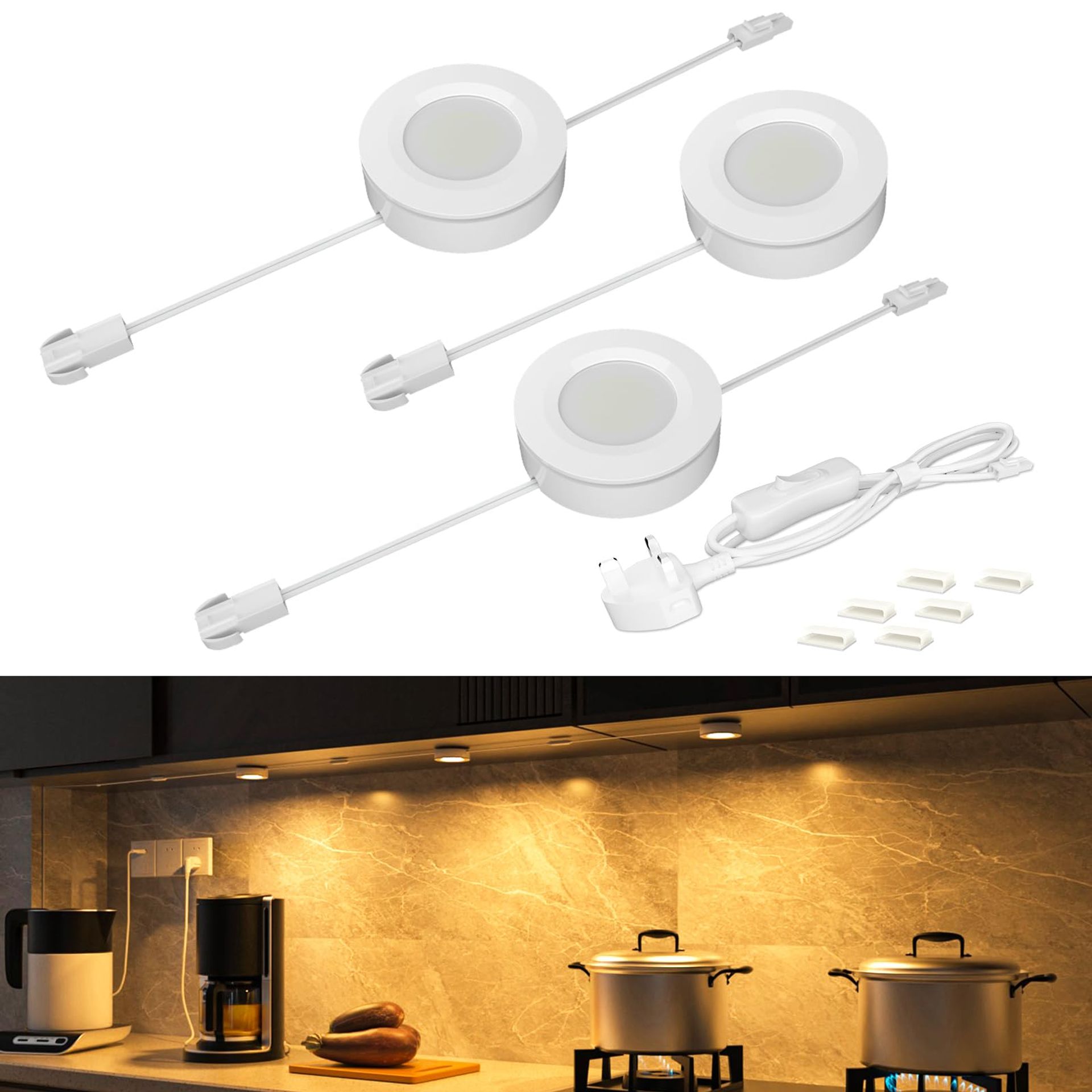 Under Cabinet LED Puck Lights Linkable Kitchen Cupboard Lighting with UK Plug & Switch 750lm 3 Pack - Warm White 3000K