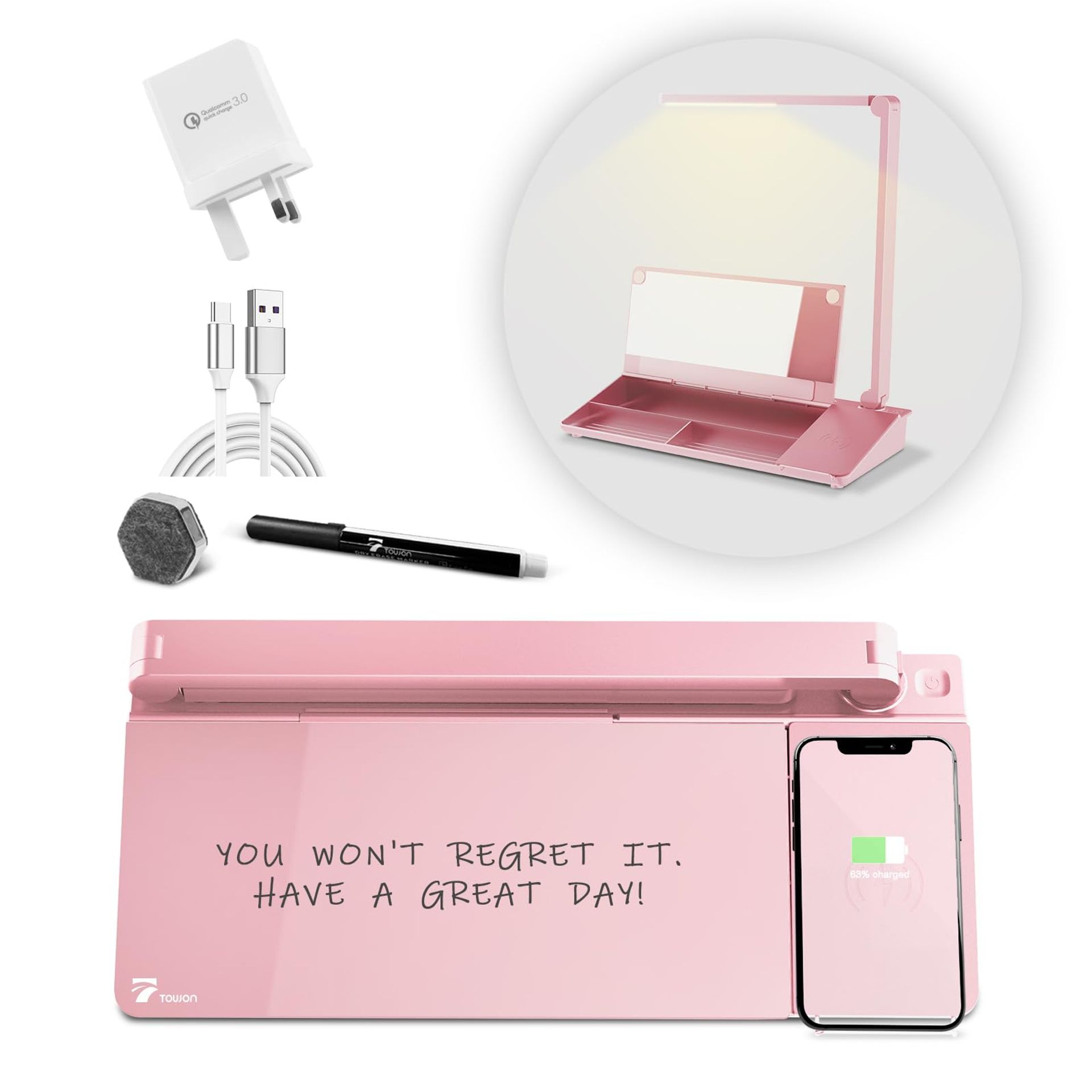 Desktop Glass Whiteboard with LED Lamp, Wireless Charging & Storage - Pink 40x14cm