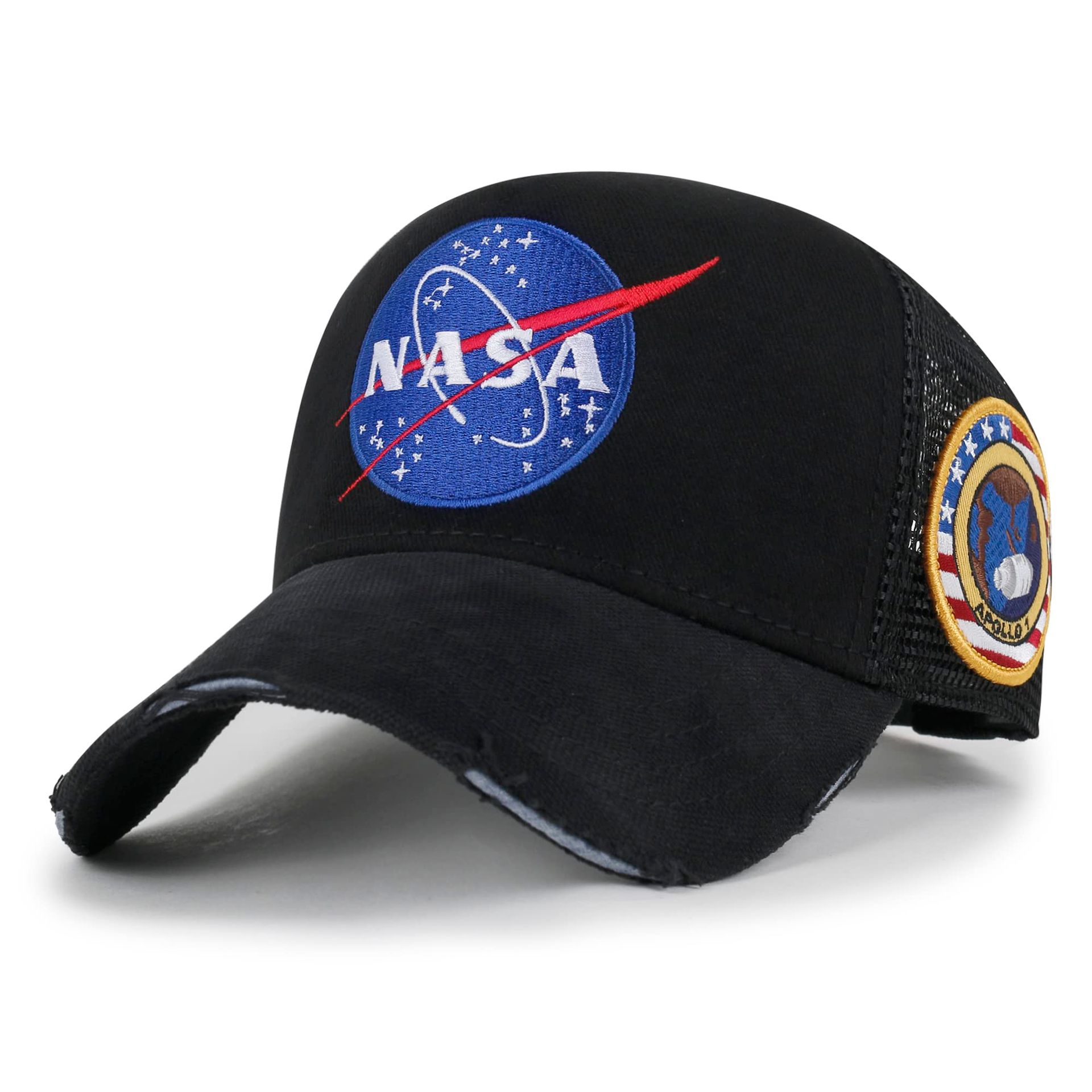 NASA Baseball Cap Premium Embroidered Logo Apollo 1 Patch Mesh Trucker Hat - Black XL