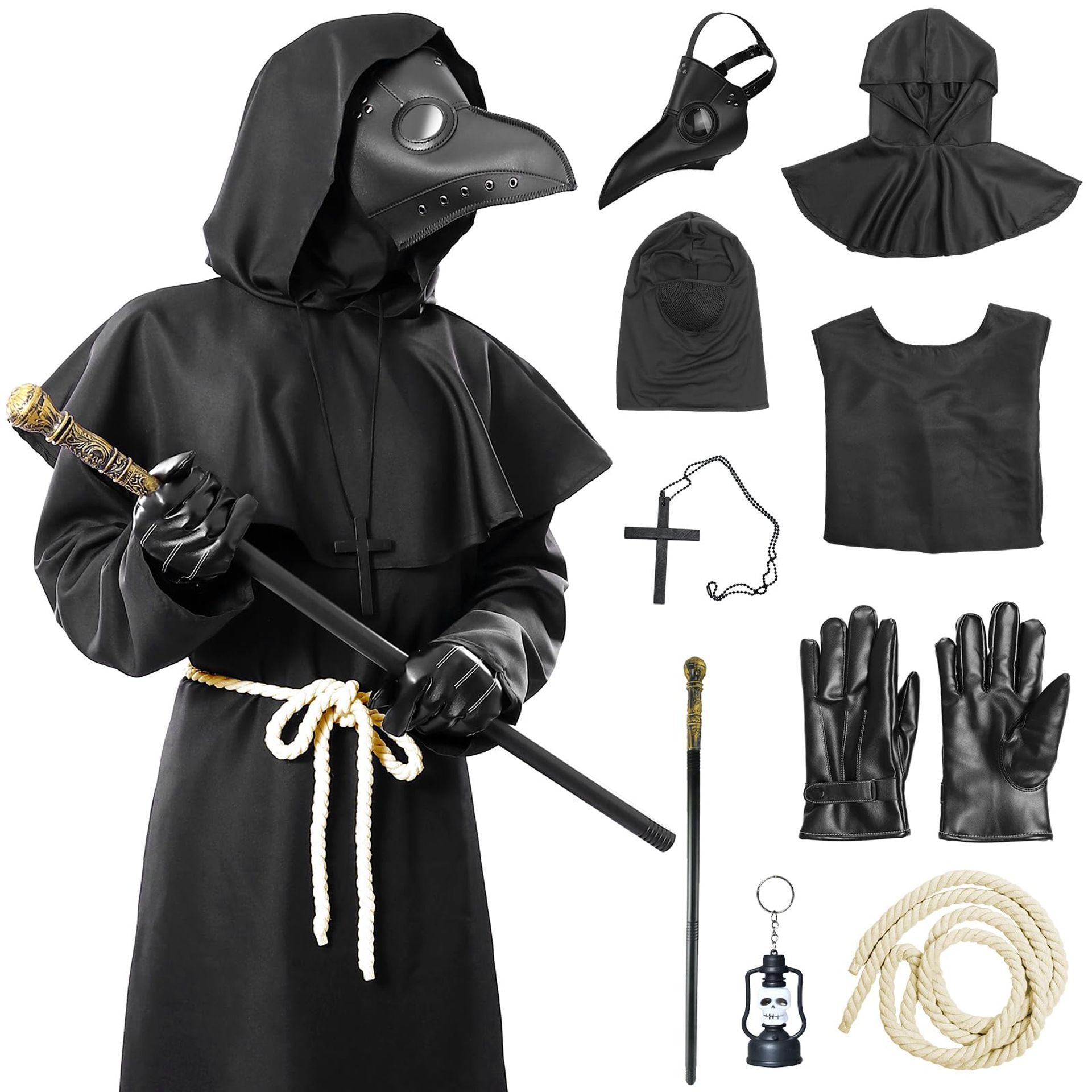 Plague Doctor Halloween Costume Adult Cosplay Outfit with Mask and Robe - Black M