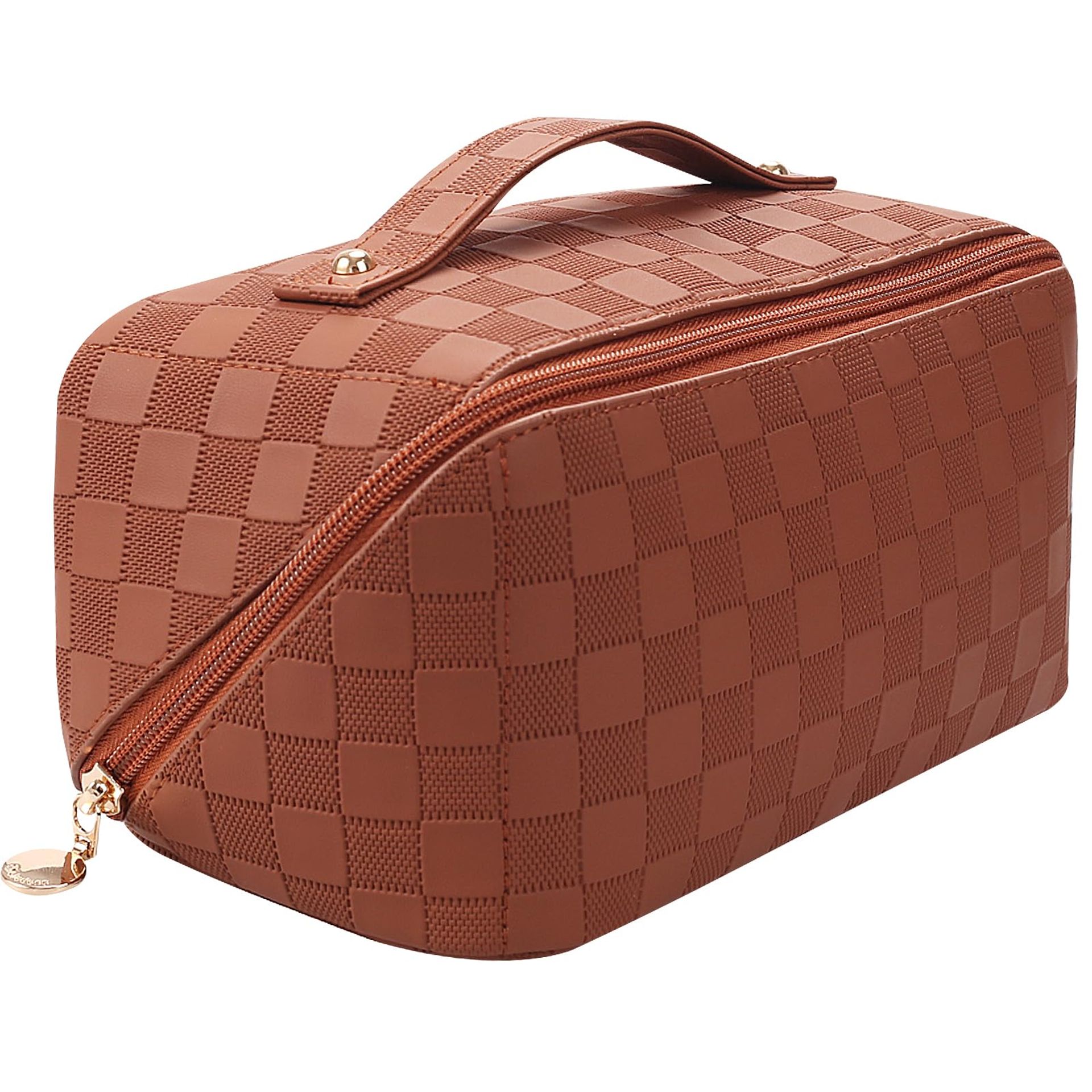 Travel Makeup Bag with Compartments, Waterproof PU Toiletry Organiser Pouch for Women & Girls - Brown