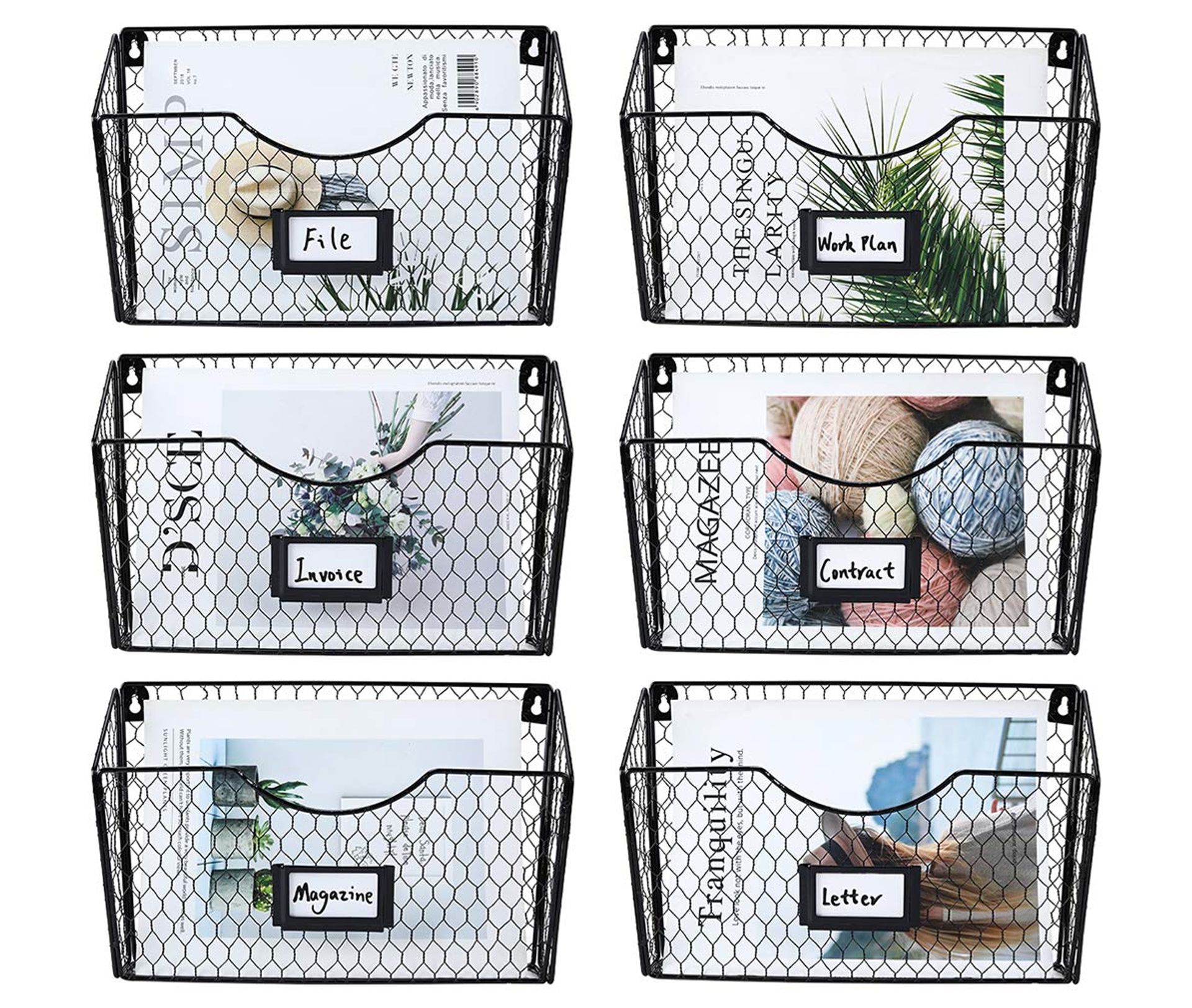 Metal Wall Mounted File Holder 6 Pocket Mesh Organiser with Label Slots for Office or Home - Black 6 Pockets