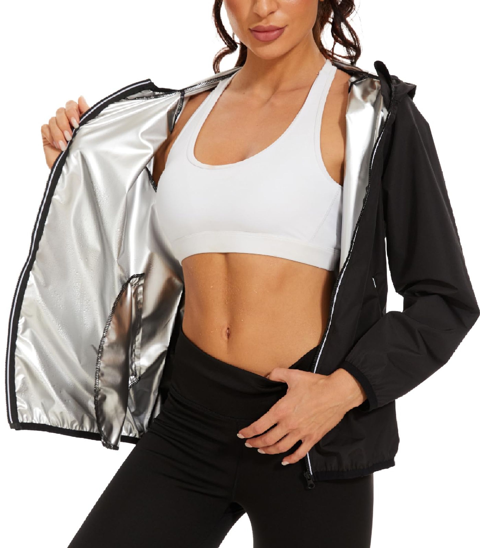 Women's Sauna Jacket Long Sleeve Zipper Sweat Suit Lightweight Sweatproof Fabric with Hood and Reflective Pockets - Black M