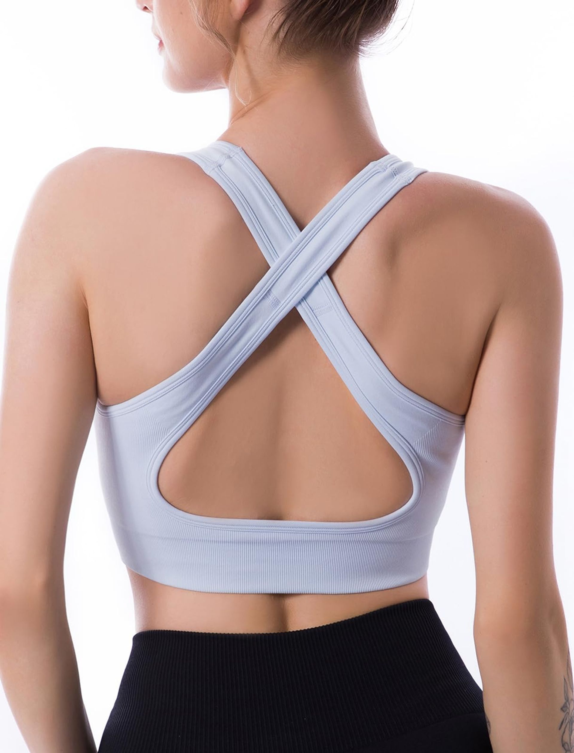 Women's Seamless Sports Bra Non-Wired Cross Back Yoga Fitness Crop Top - Light Blue L