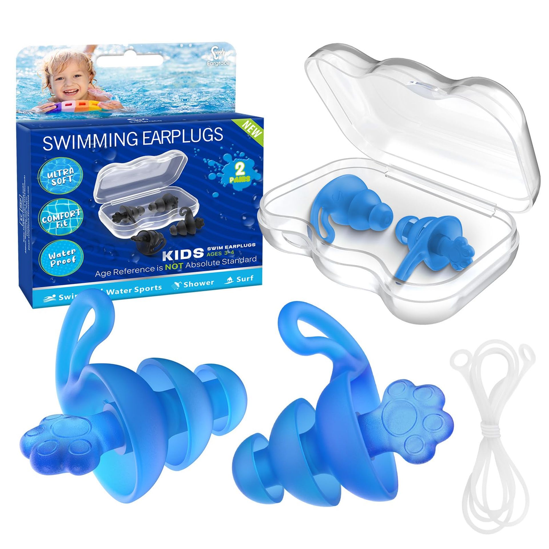 Children's Waterproof Swimming Ear Plugs, 2 Pairs, Reusable with Silicone Cord - Perfect for Kids Aged 3-4