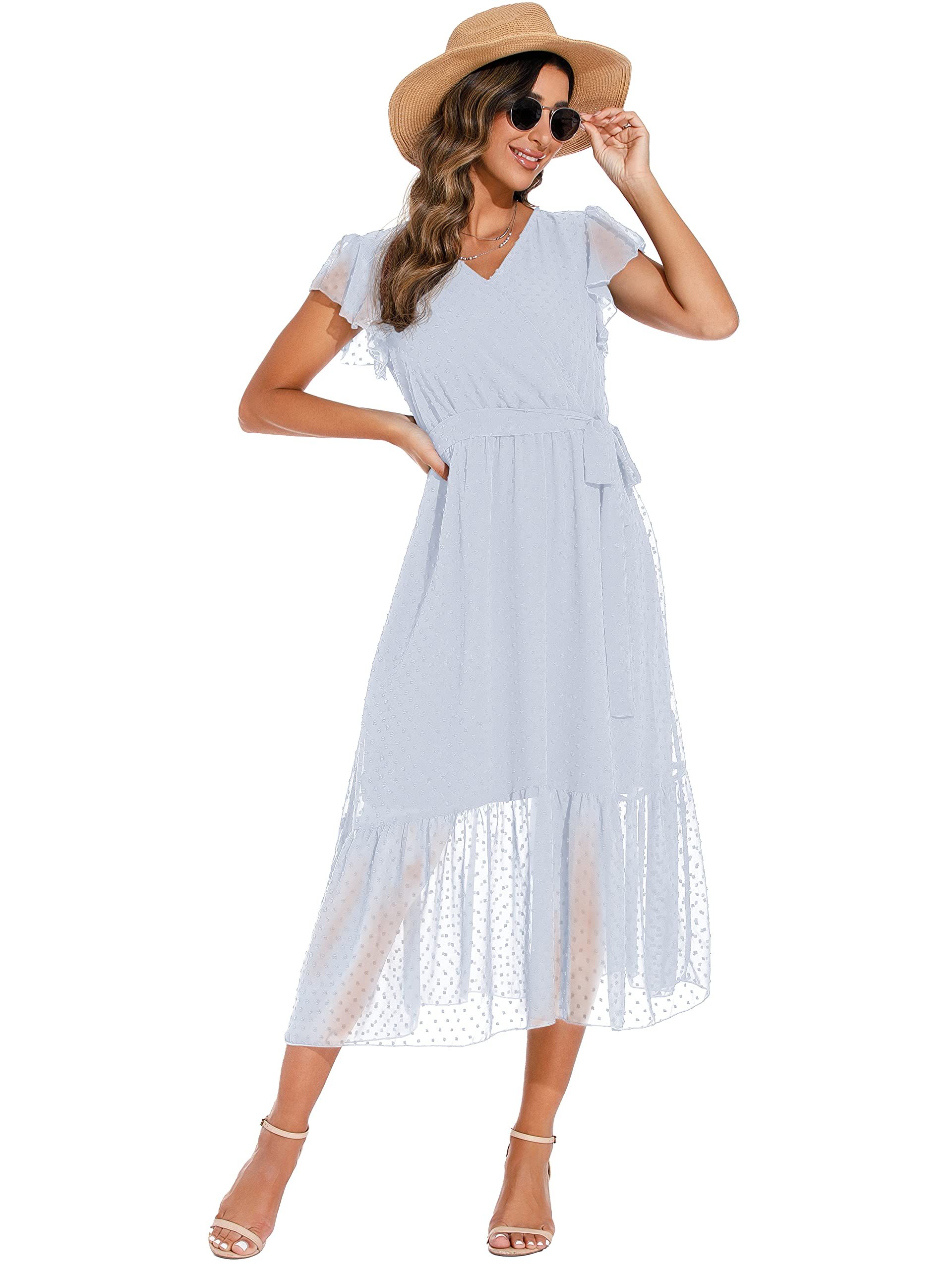 GRECERELLE Womens Summer Wrap Maxi Dress Chiffon Cute Casual V Neck Ruffl