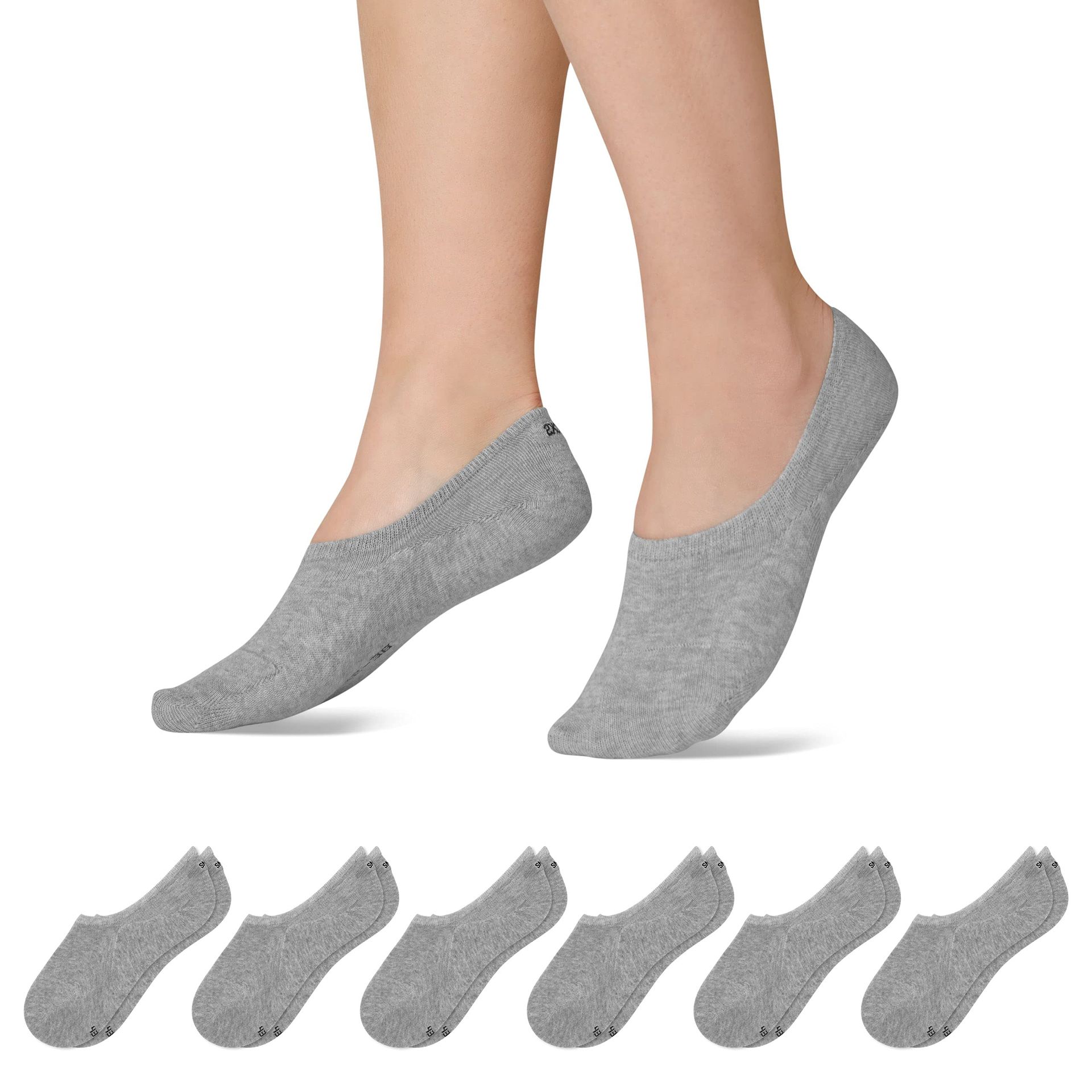 6 Pairs No Show Invisible Socks Anti-Slip Loafer Trainer Liners for Men & Women - Light Grey Melange 3-5