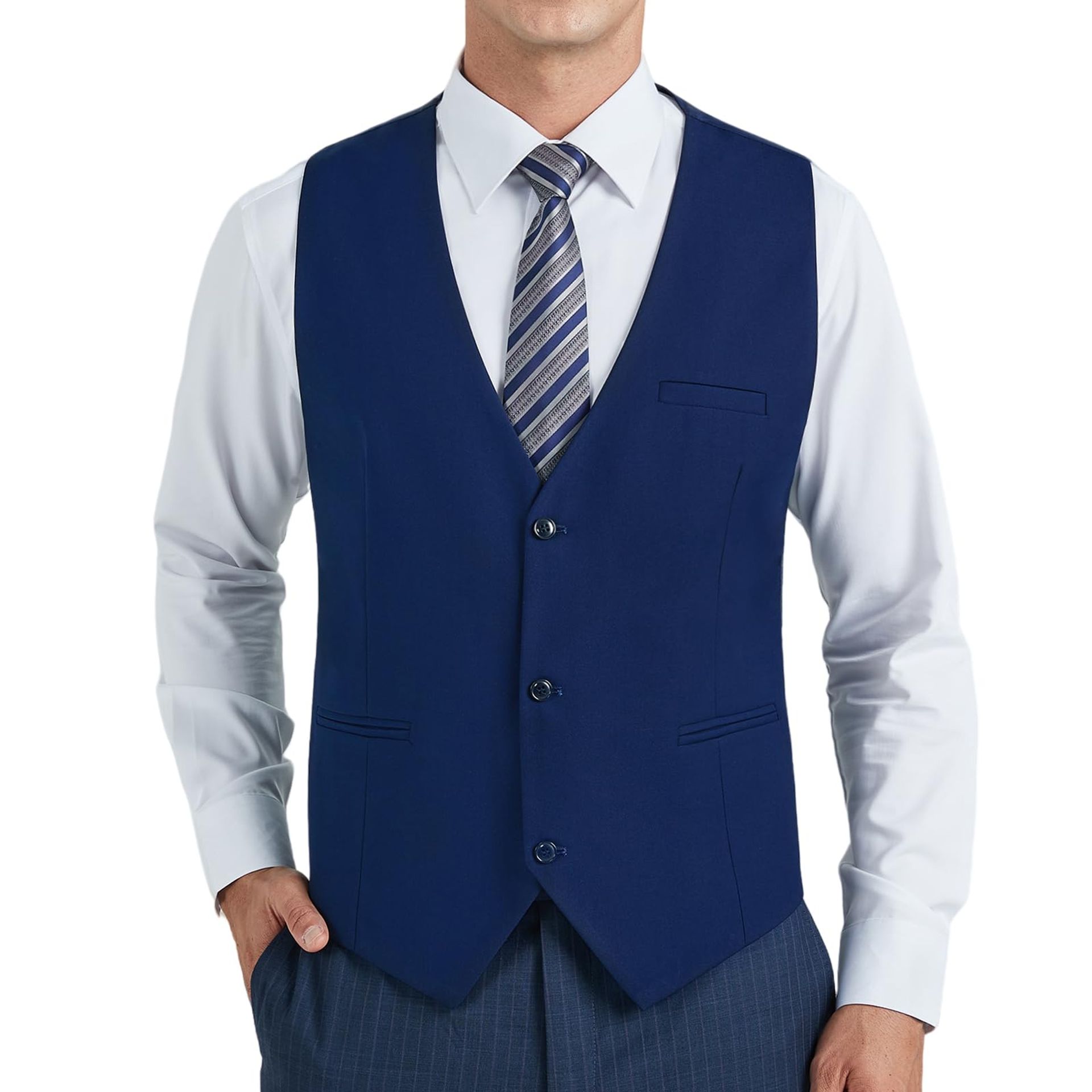 Men's Formal Waistcoat Classic V-Neck 3-Pocket Adjustable Back Cotton Vest - Navy Blue XL
