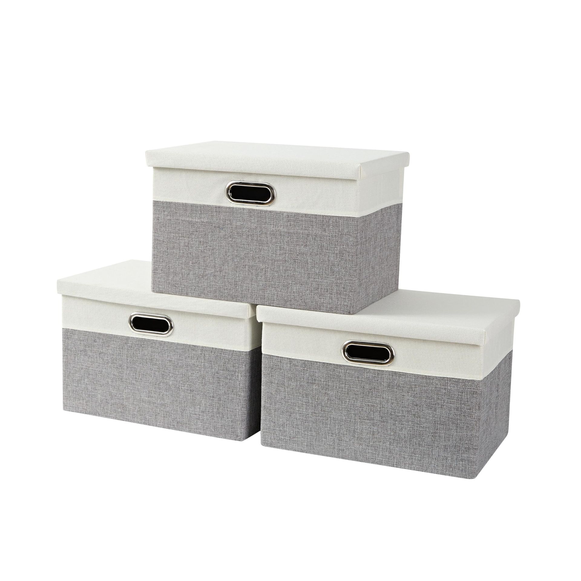 Storage Boxes with Lids Durable Stackable Organisers for Home & Office - Glaucous Grey & White Large 3 Pack