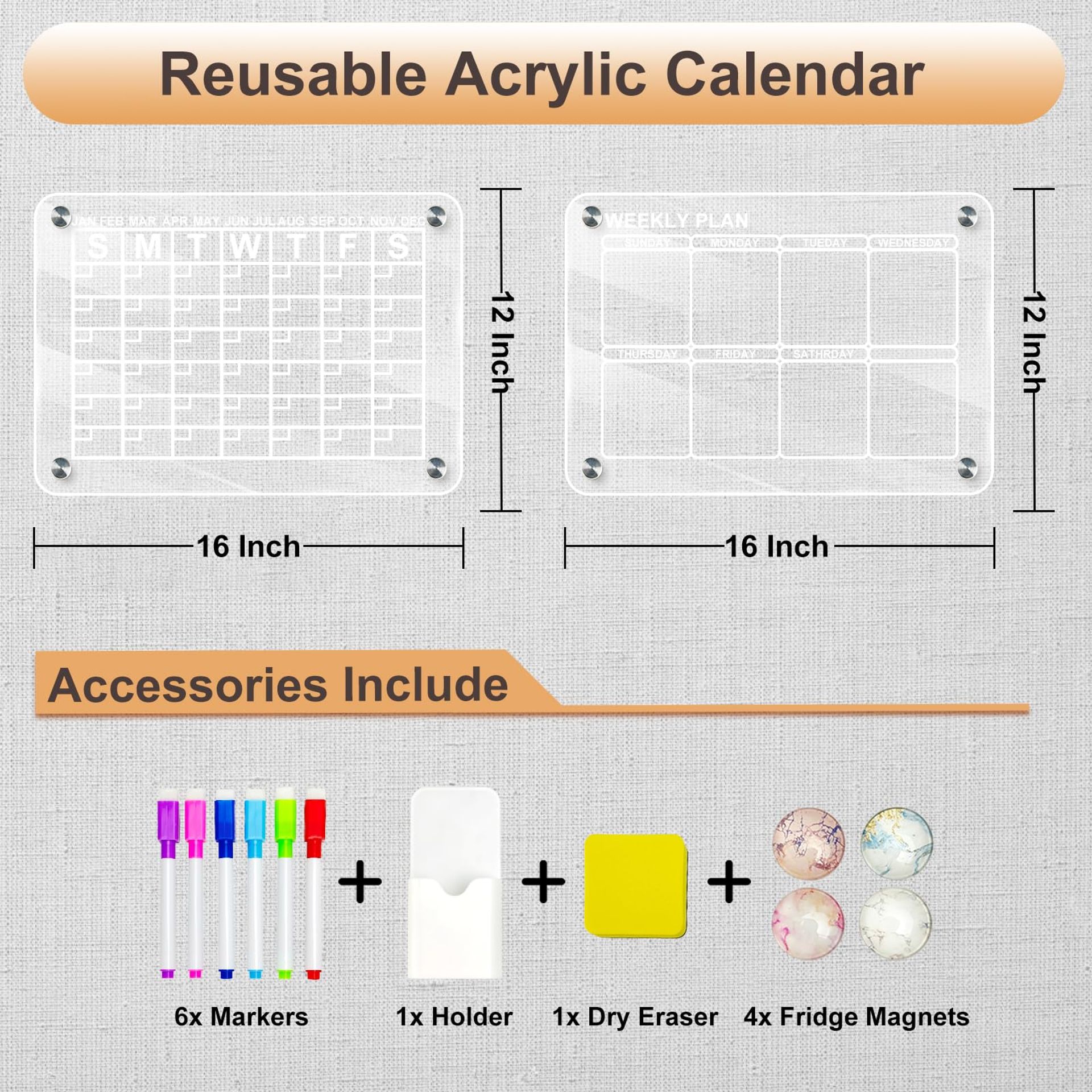 Magnetic Fridge Calendar 2 Set, 16''X12'' Clear Acrylic Monthly And Weekl