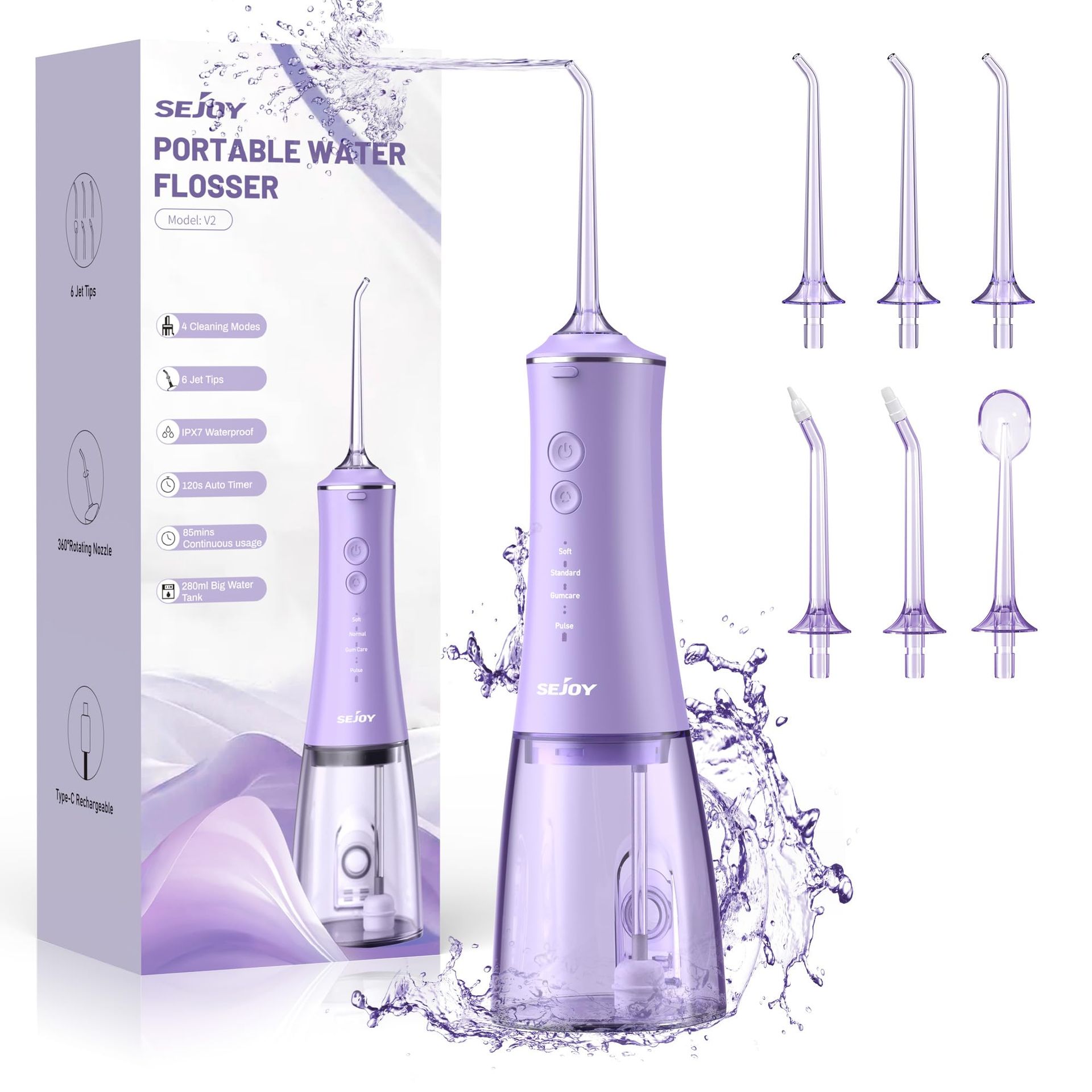 Water Dental Flosser 280ML Portable Oral Irrigator Rechargeable IPX7 Waterproof - Purple V2