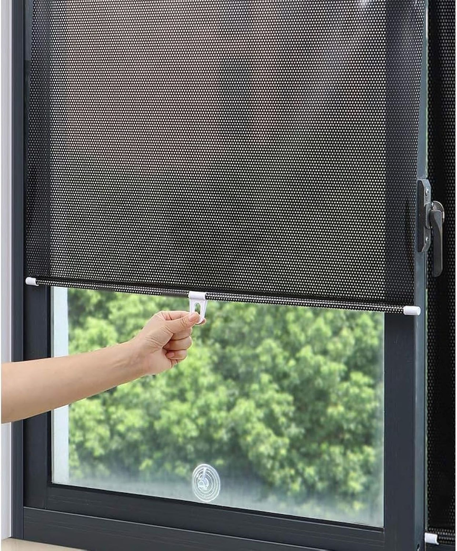 Suction Cup Roller Blind No-Drill Mount Portable Sunshade Privacy Screen with Transparent Stickers (2 Pack) - Black Mesh Dot 68x125cm