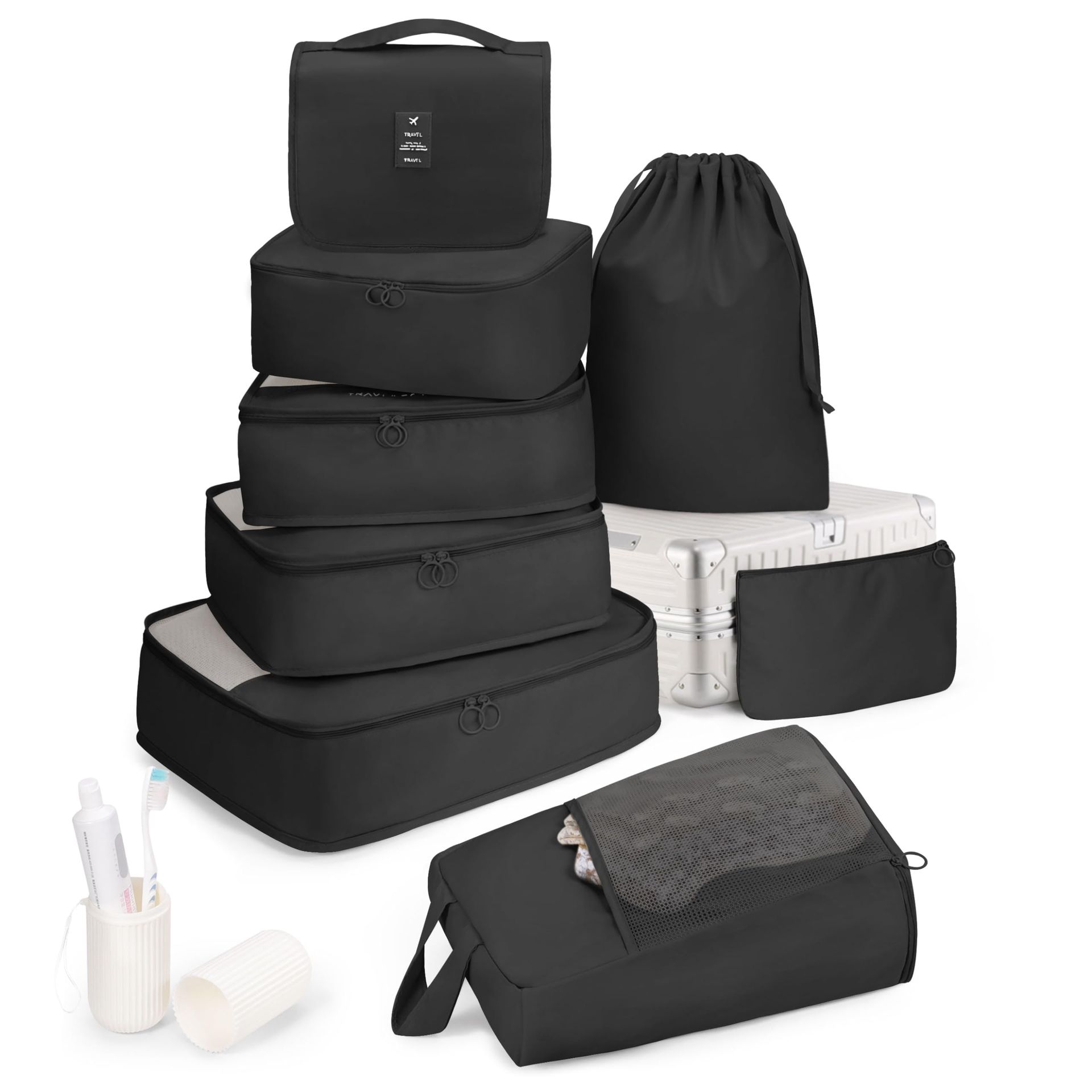 Anjing Packing Cubes 9 Set, Suitcase Organiser Bags, Travel Cubes for Suitcases, Luggage Organiser Packing Bags, Flight Cruise Holiday Essentials, Beige