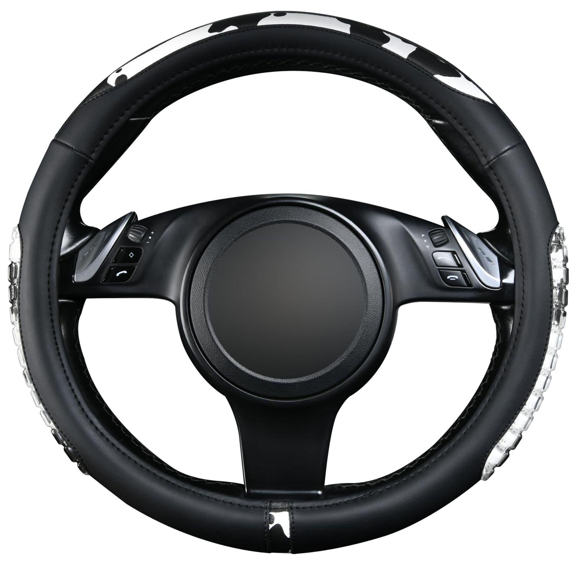 Universal Car Steering Wheel Cover 15in - Anti-Slip Gel Massage, Black White Cow Print