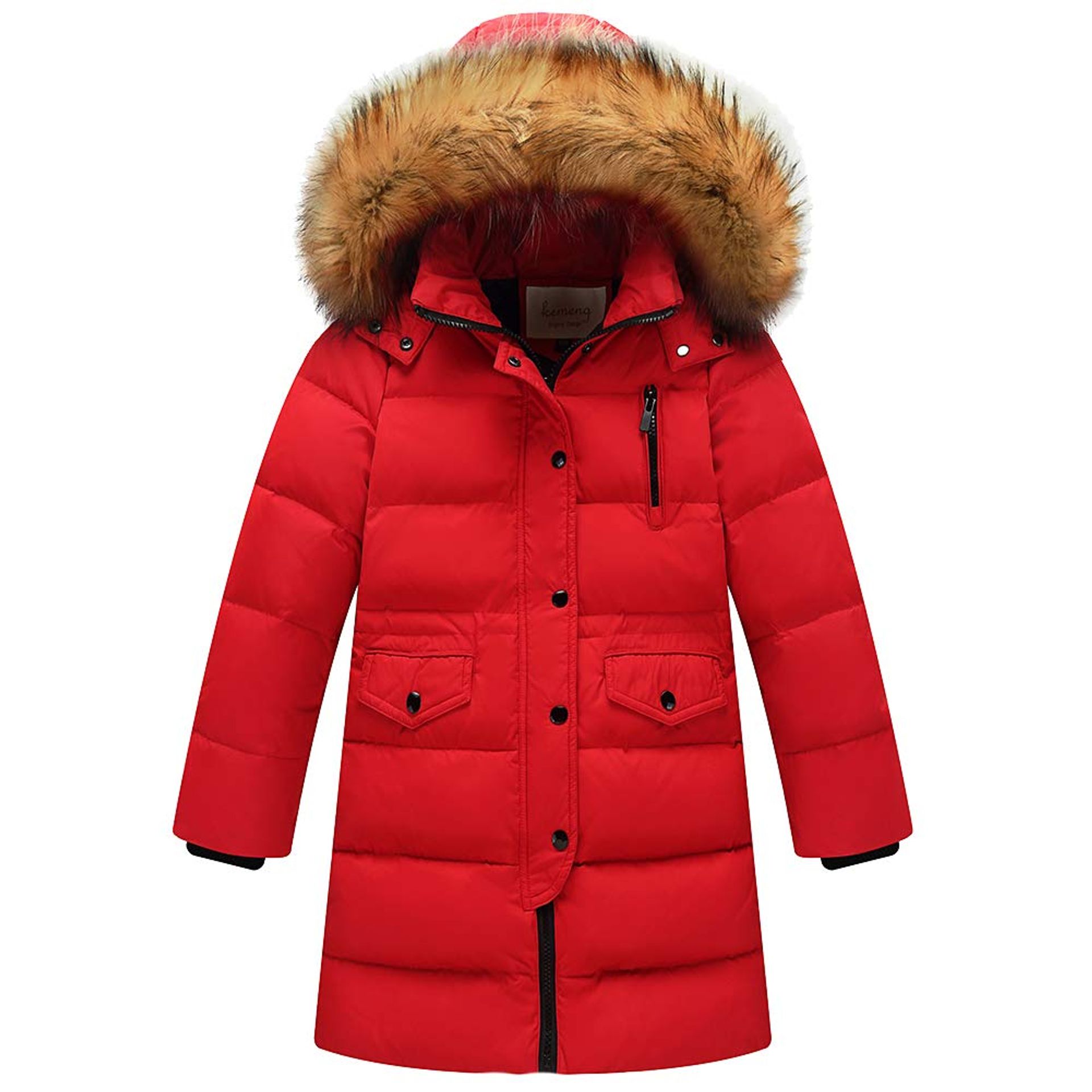 Kids Girls Winter Puffer Jacket Long Padded Coat with Faux Fur Hood - Red 12-13 Years