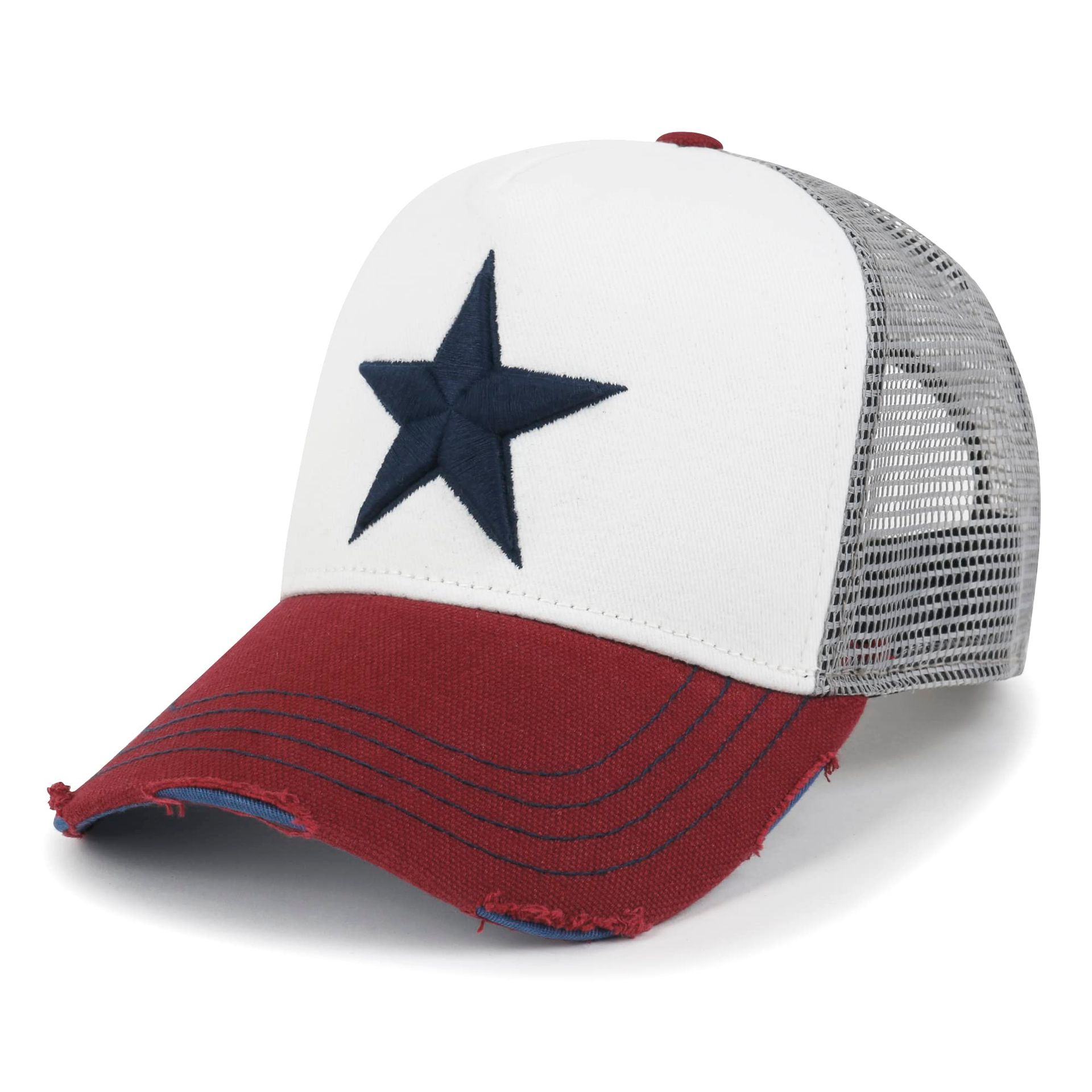 Trucker Hat Premium Cotton Distressed Baseball Cap with Star Embroidery Mesh Back - White/Red M