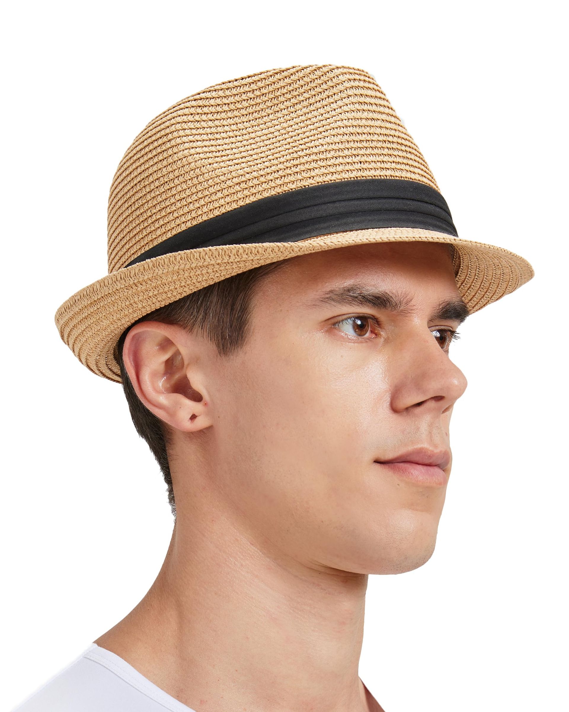 Men's Trilby Fedora Straw Hat Roll-up Jazz Style Beach Sun Protection - Cuban-Khaki L