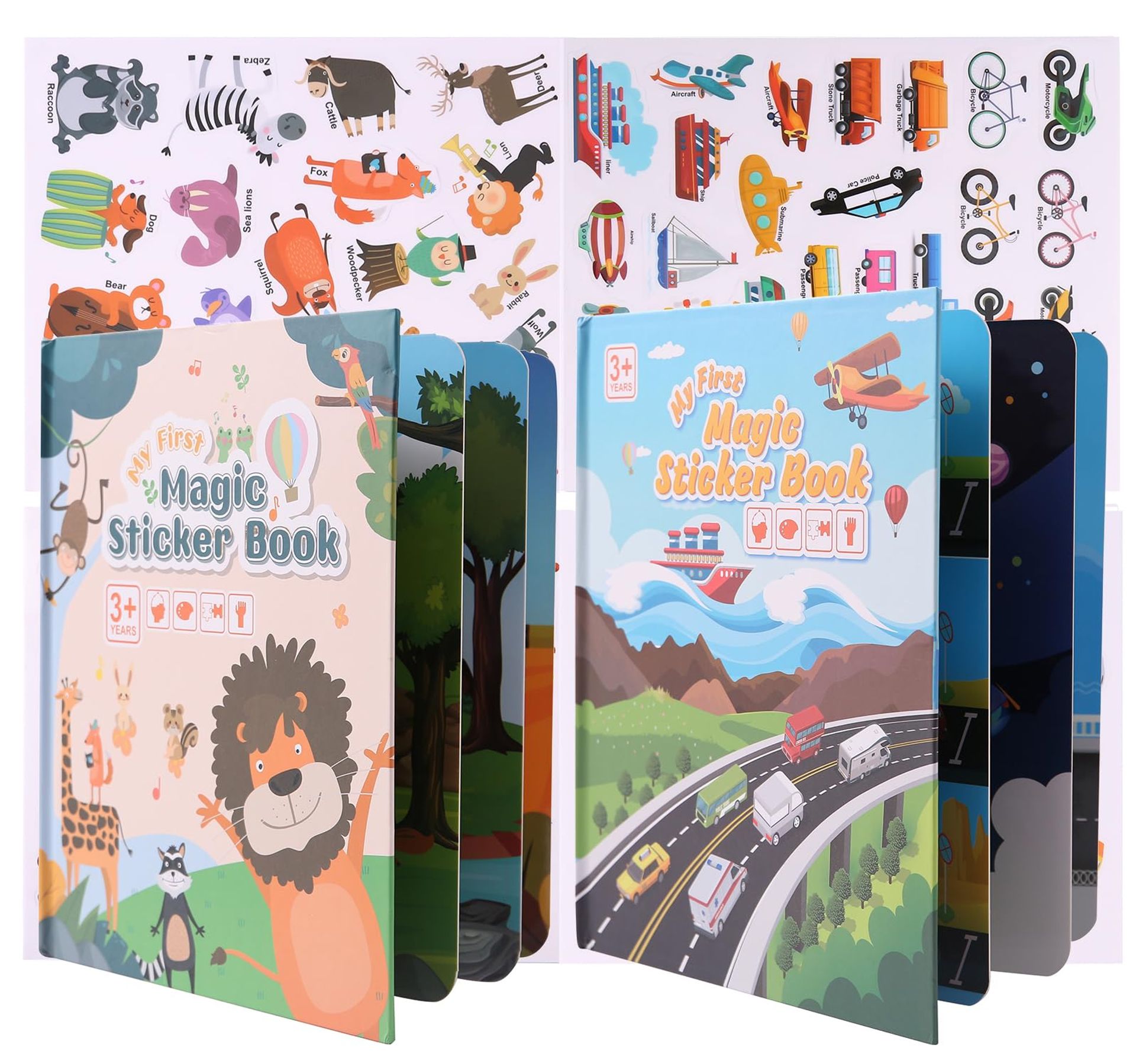 Reusable Sticker Books for Kids Toddlers – 2 Pack Animal & Traffic Learning Activity Books with Jelly Stickers, Travel Quiet Busy Toys