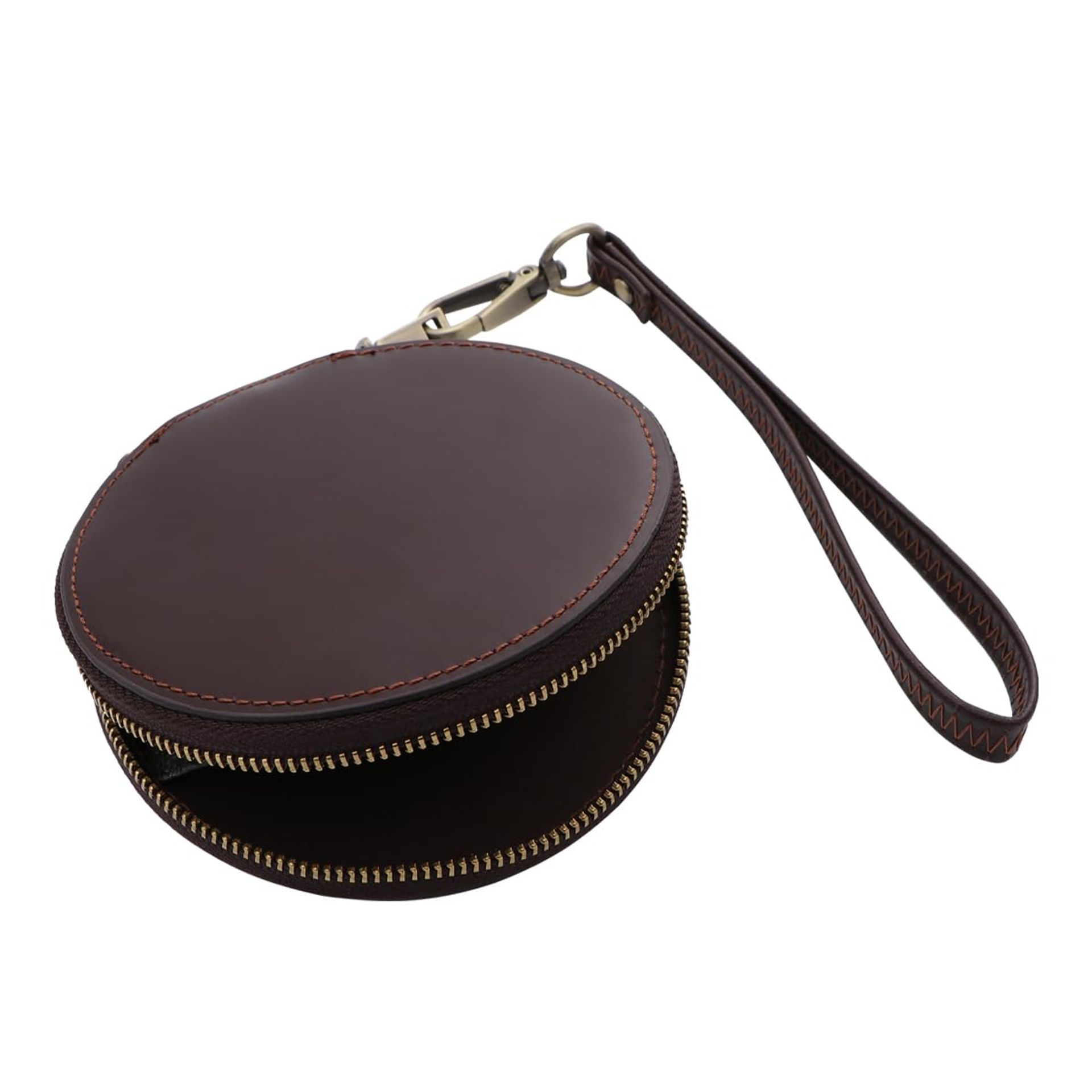 Mini Coin Purse Round Wallet with Lanyard - Cowhide, Compact Design, Coffee Colour for Cash & Cards