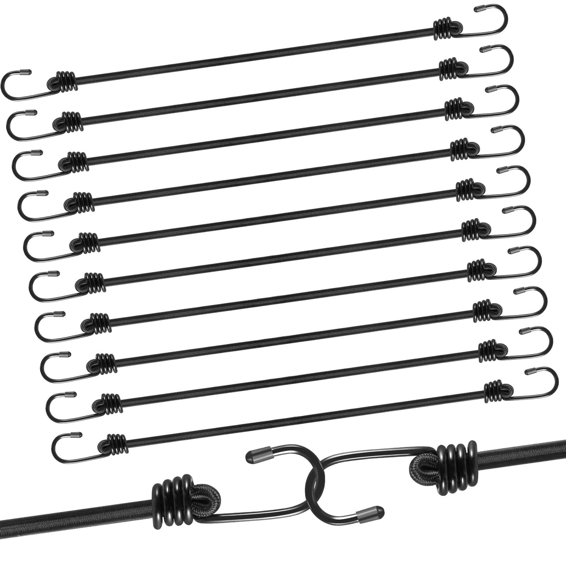 60CM Black Bungee Cords with Hooks, 12-Piece Set for Securing Luggage, Tarps & More