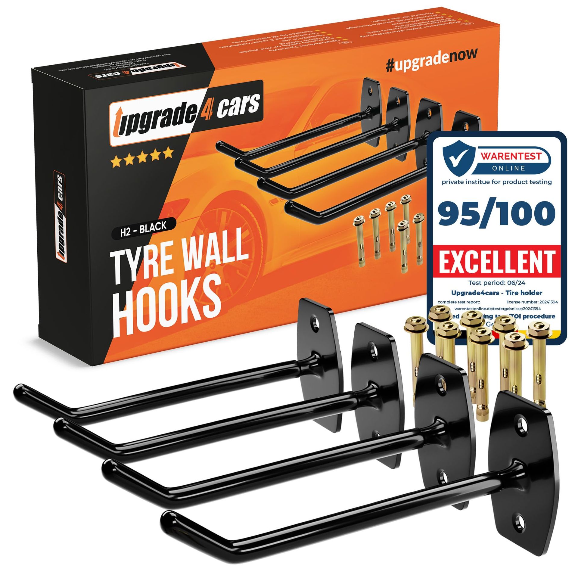 Tyre Wall Hooks Set for 4 Rims Heavy-Duty Car Wheel Storage Mounting with Screws - Black 4 Hooks
