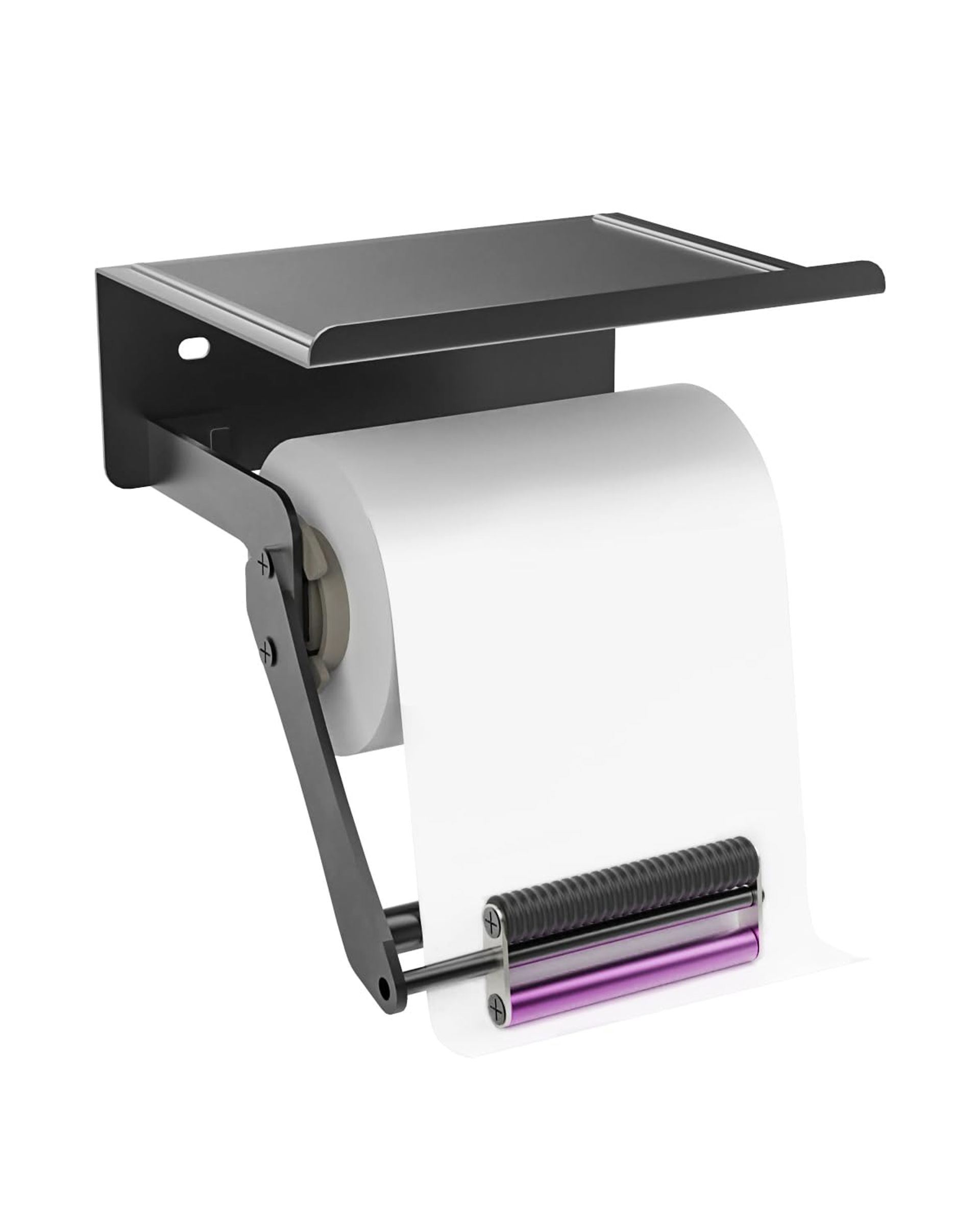 One-Handed Tearing Toilet Roll Holder with Shelf, Wall Mounted Stainless Steel, Black for Kitchen & Bathroom
