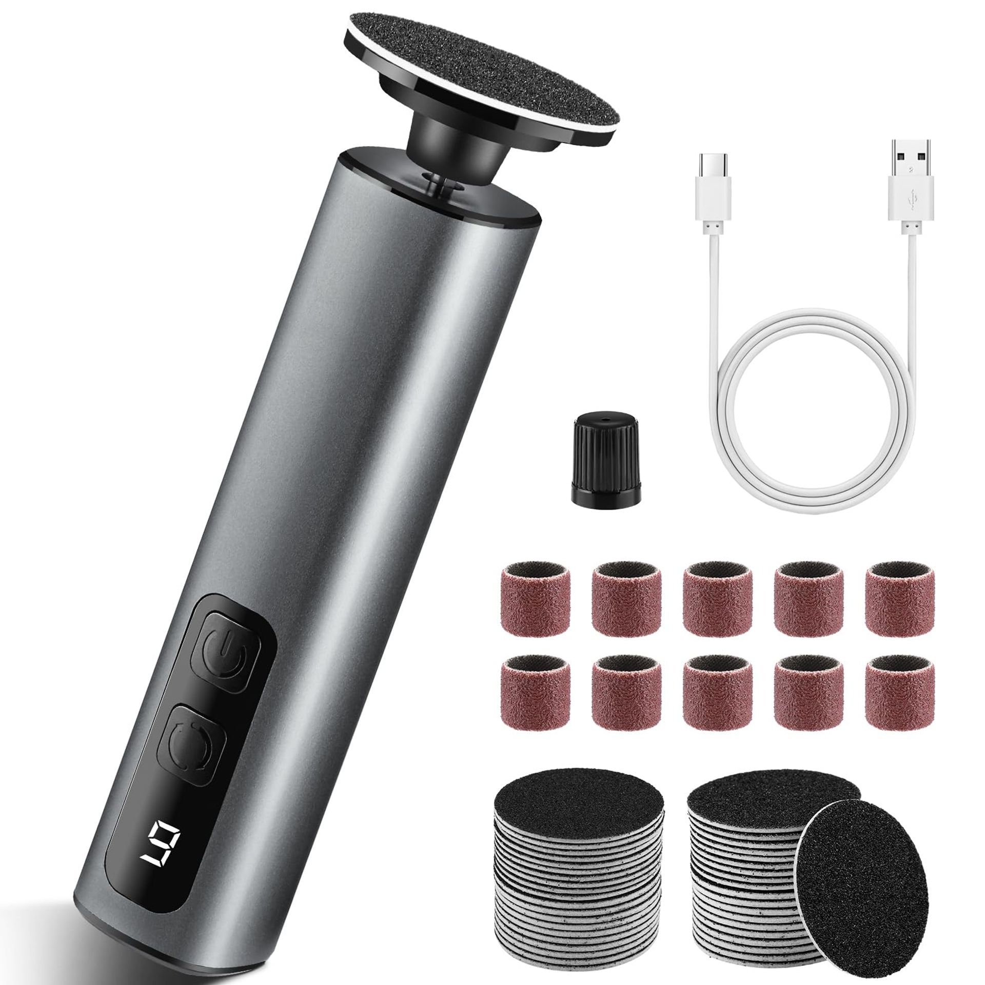 Rechargeable Electric Foot File Callus Remover with 50 Sandpaper Discs and Cordless Pedicure Tools for Hard Skin and Cracked Heels - Grey 1 Count