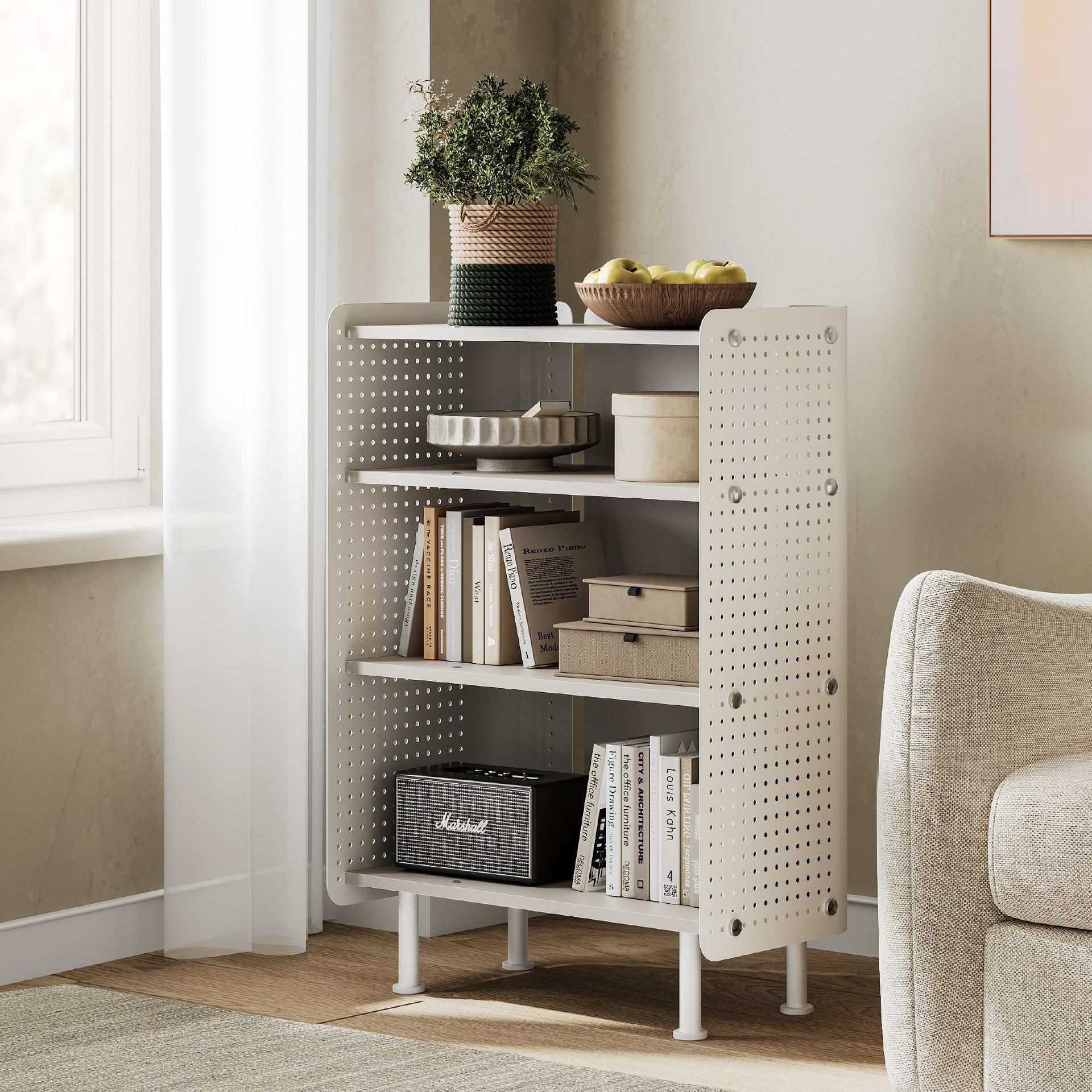 4-Tier Open Bookshelf with Adjustable Shelves & Pegboard Organiser for Living Room, Bedroom or Office - White 61.6×31.2×85.3cm