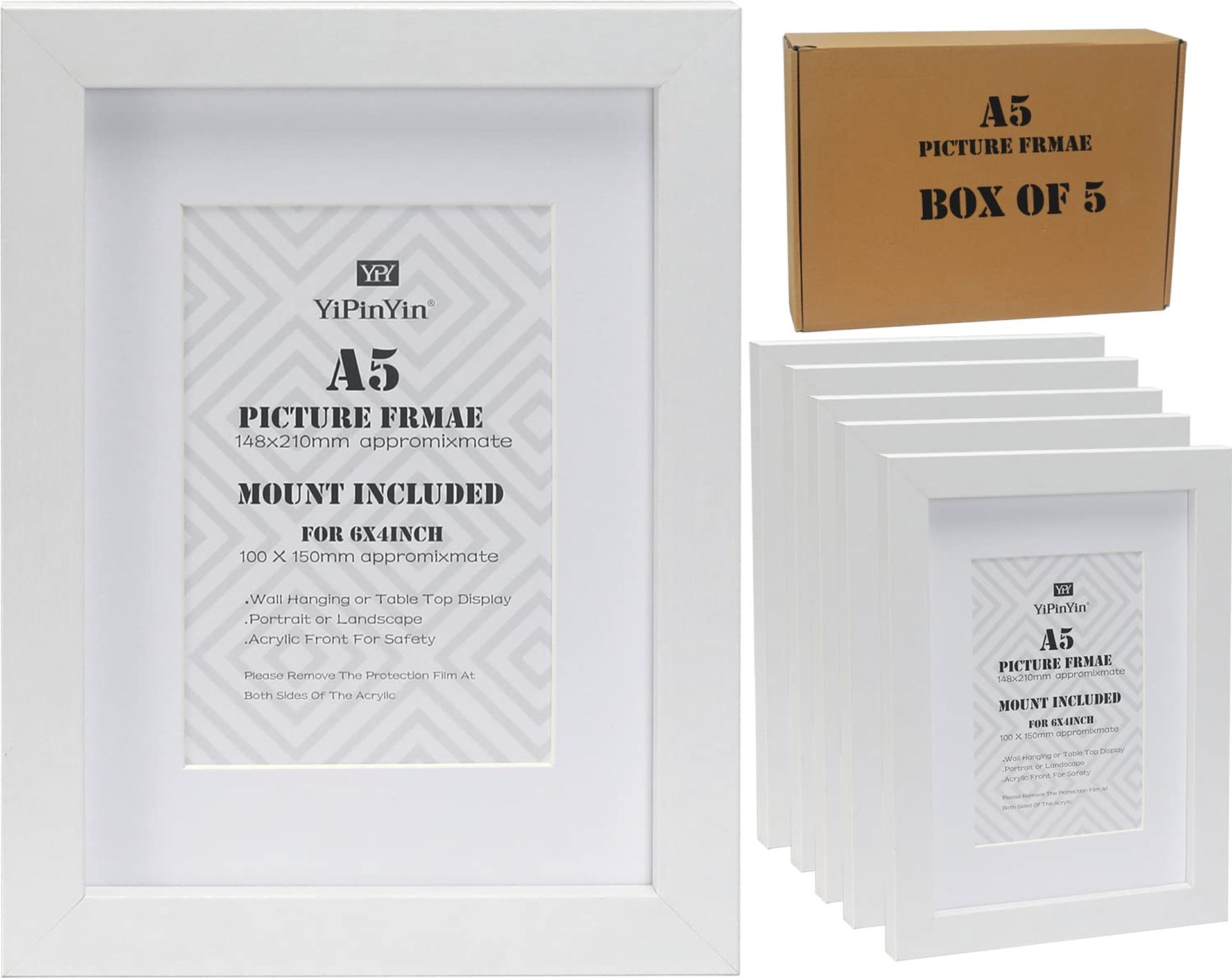 A5 Document Frame Set of 5 with Mount Clear Acrylic Front for Photos or Certificates - White A5(5pk)