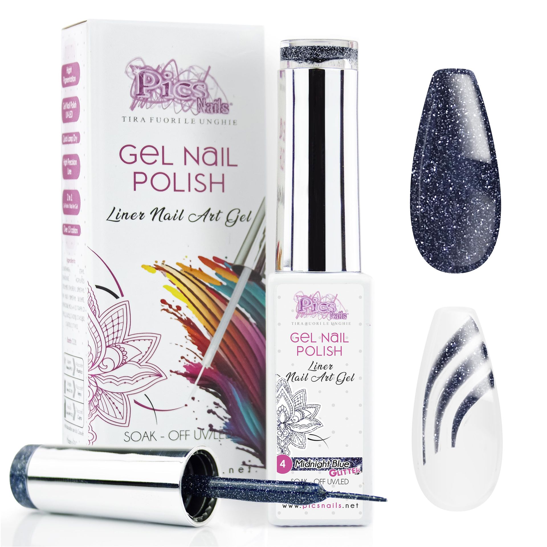 Blue Midnight Glitter Gel Nail Polish for Art & French Manicure - 10ml High Precision Brush