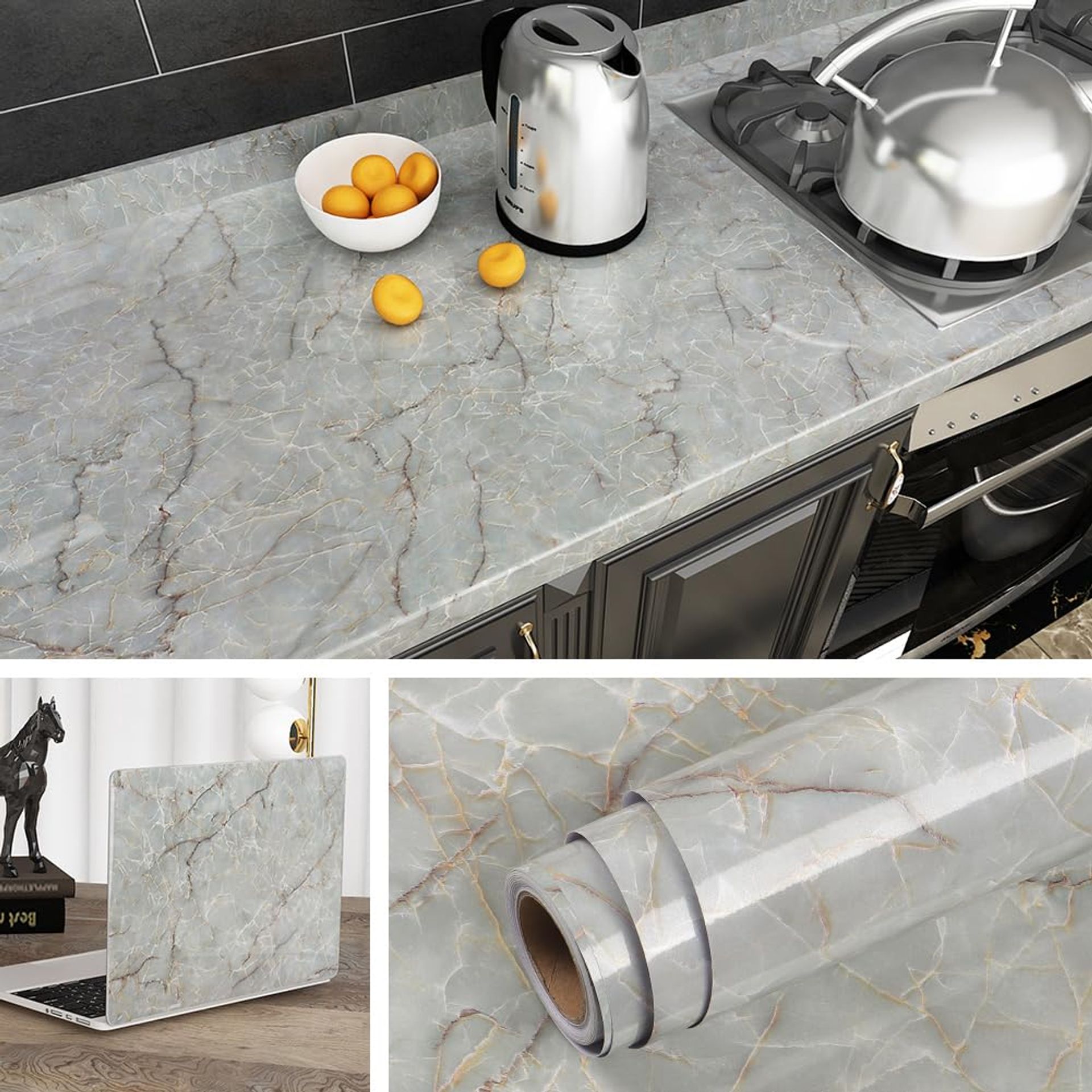 Marble Effect Self Adhesive Wallpaper Vinyl Wrap for Worktops, Cupboards & Counters - Blue Marble 40cm x 10m
