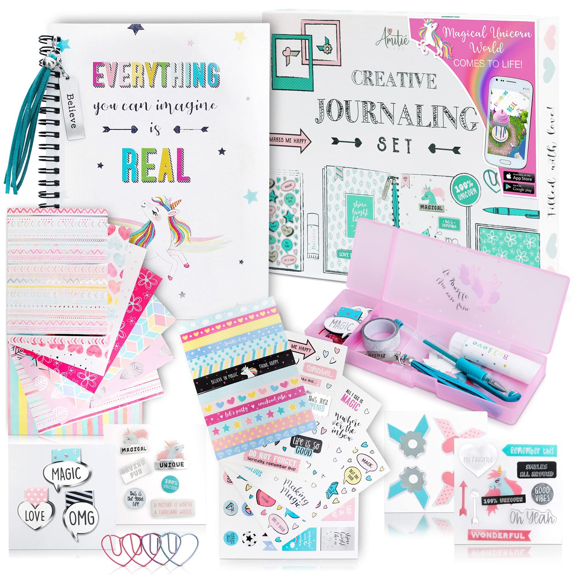 Unicorn Journalling & Scrapbook Kit for Girls with 200+ Supplies & AR App - Creative Diary, Planner & STEM Craft Set