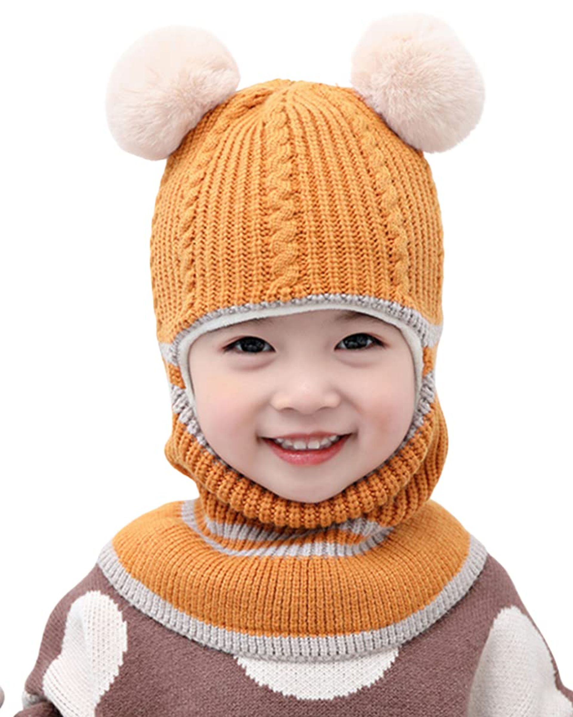 JFAN Toddler Hat Thick Soft Plush with Pompom Winter Hat Warm Elastic Hat Scarf Fleece Knit Earflap Beanies Hood for Boys Girls Yellow