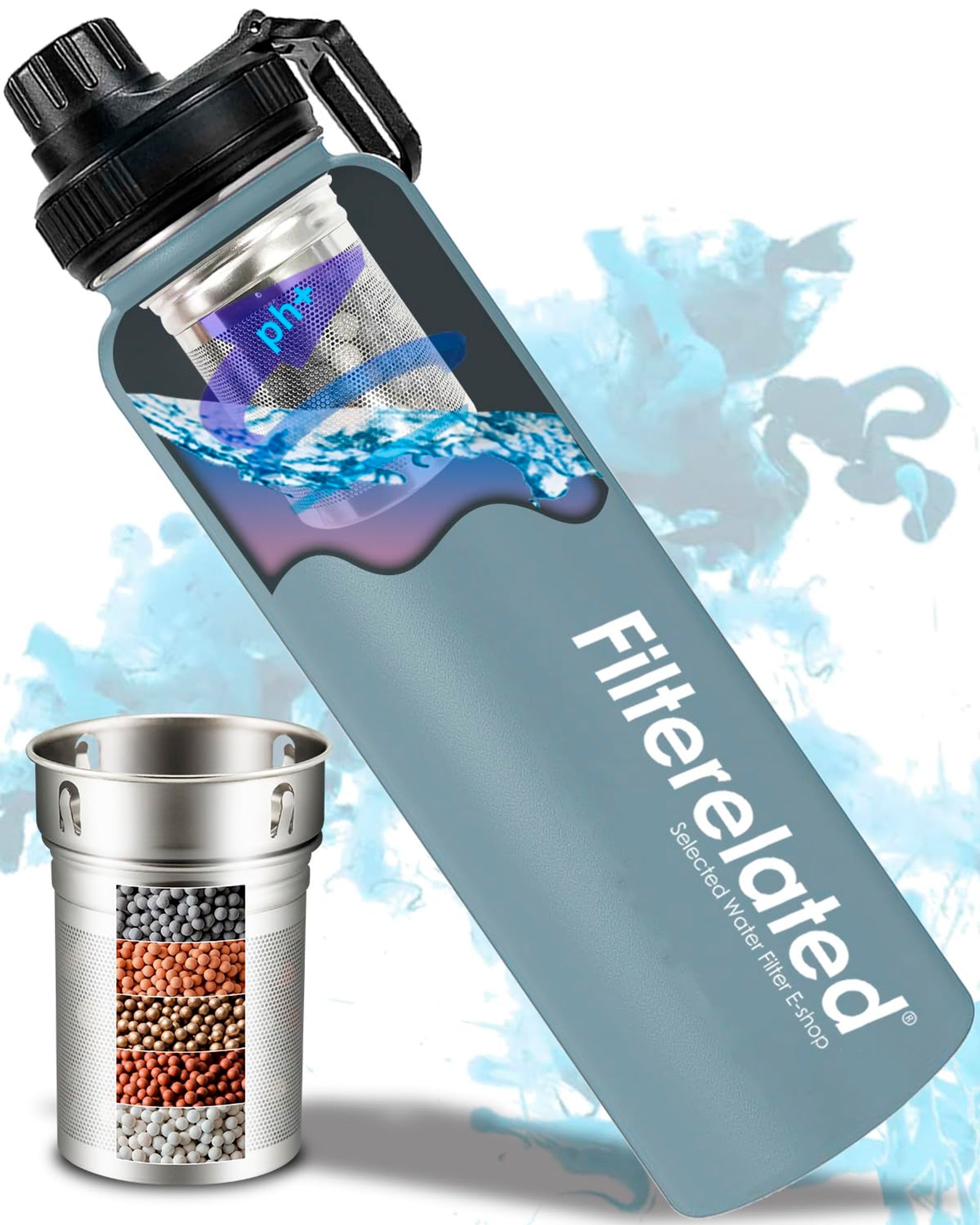 Alkaline Water Bottle Stainless Steel Portable Filter Converts Tap Water to High pH Hydrating Drinking Water - Grey 800 ml