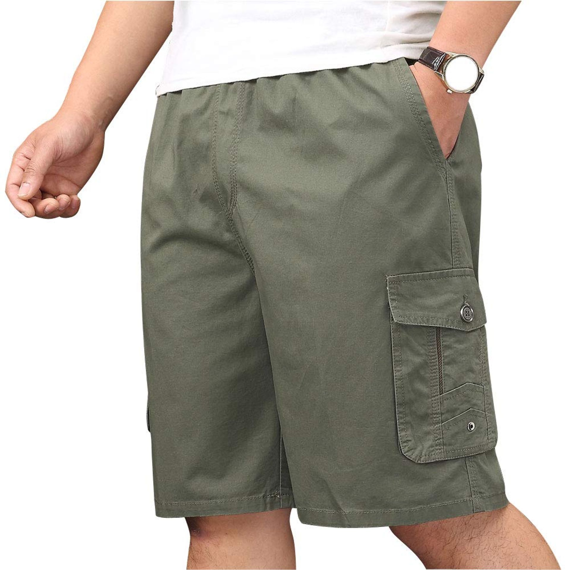 Men's Cotton Loose Fit Cargo Shorts Full Elastic Waist with Drawstring - Army Green 38