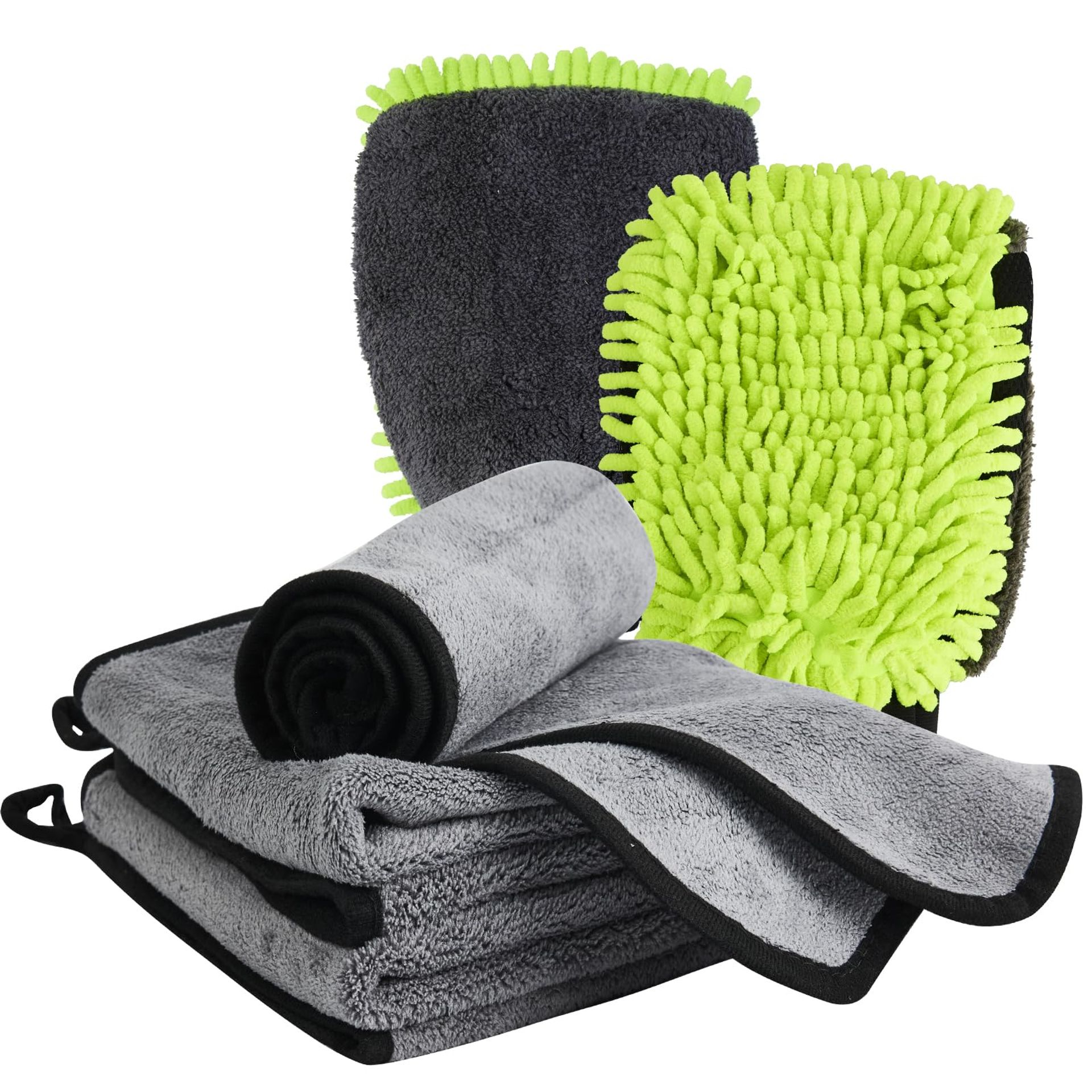 5 Piece Car Cleaning Kit with 3 Microfibre Cloths 600GSM & 2 Wash Mitts - Interior & Exterior Vehicle Care