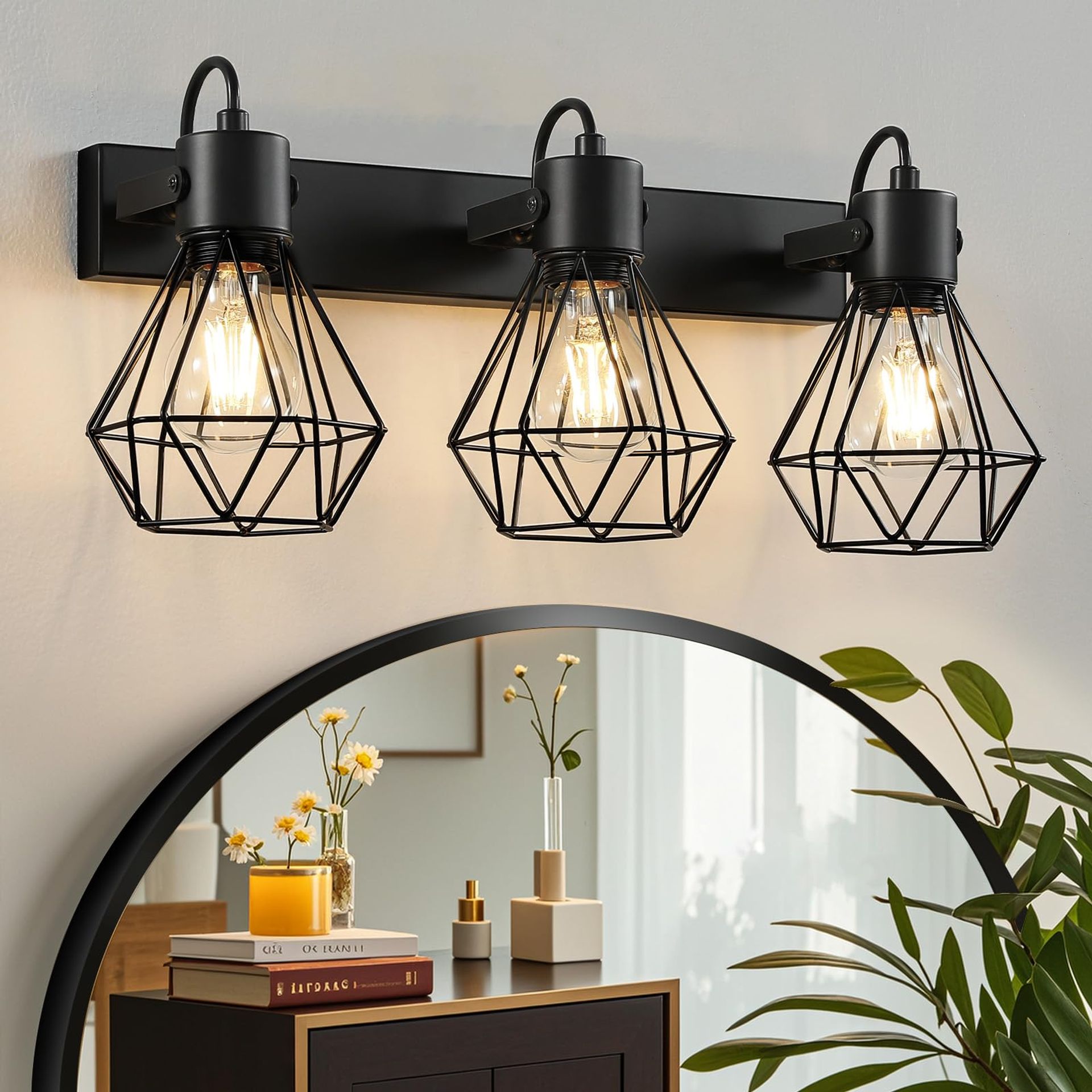 Bathroom Vanity Light Fixture 3-Light 90° Rotatable Wall Lamp Over Mirror Vintage Metal Shade E27 48cm - Black