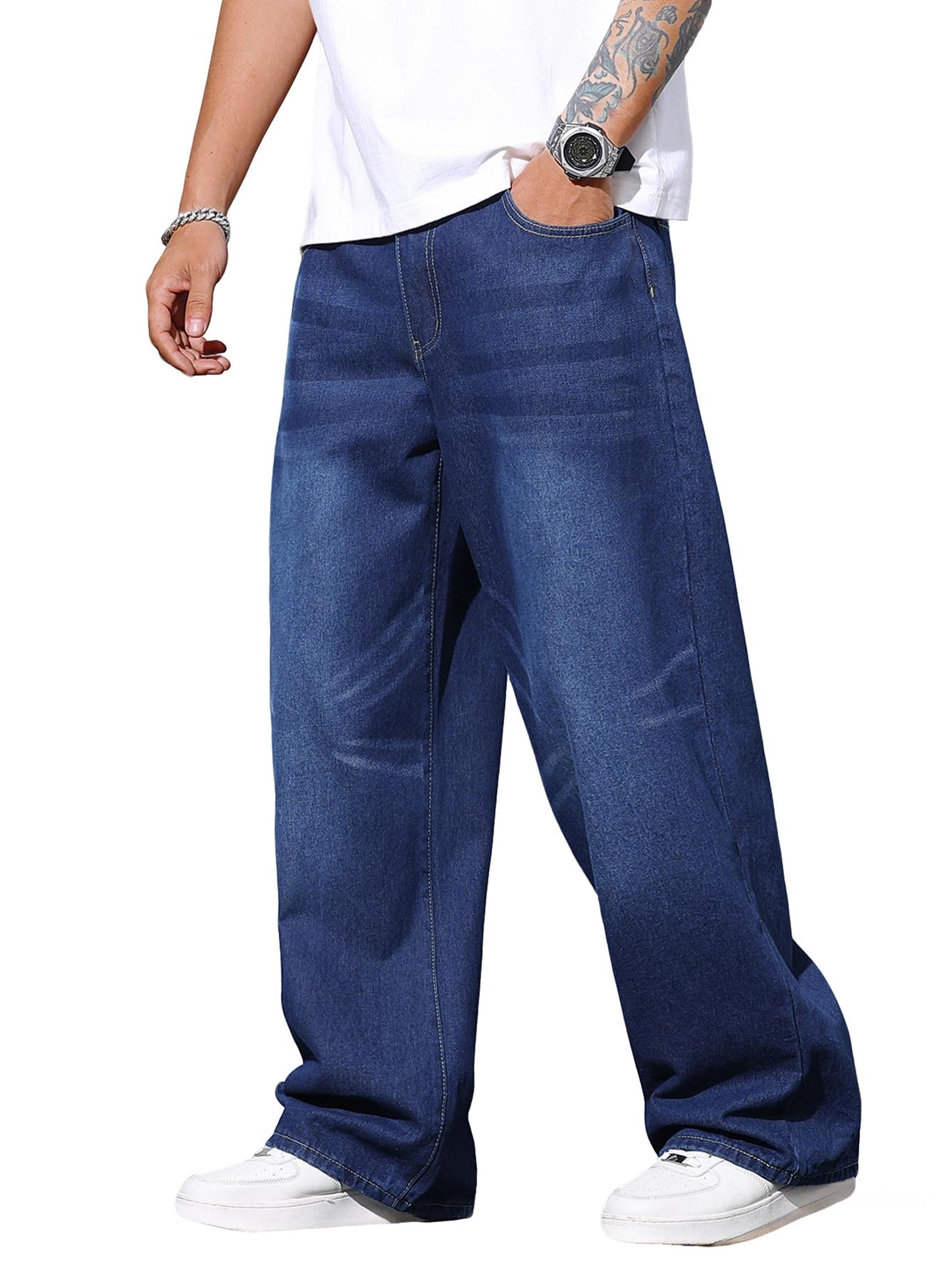 Men's Baggy Hip Hop Jeans Wide Leg Straight Fit Vintage Streetwear Denim Trousers - B10 Medium Blue XS