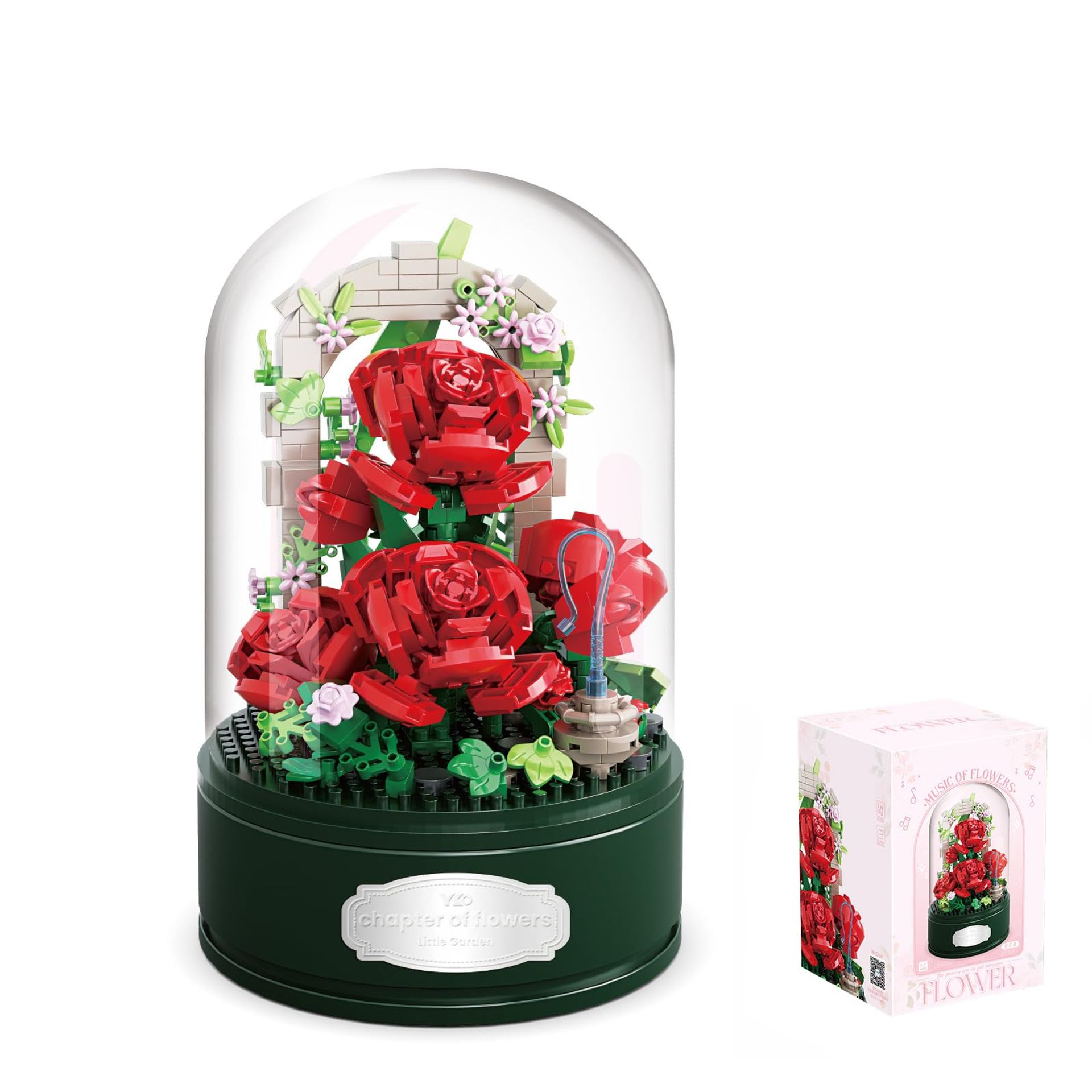 Rose Flowers Music Box Micro Building Set with Dust Cover, 574PCS Botanical Model Toy Gift for Teens & Adults