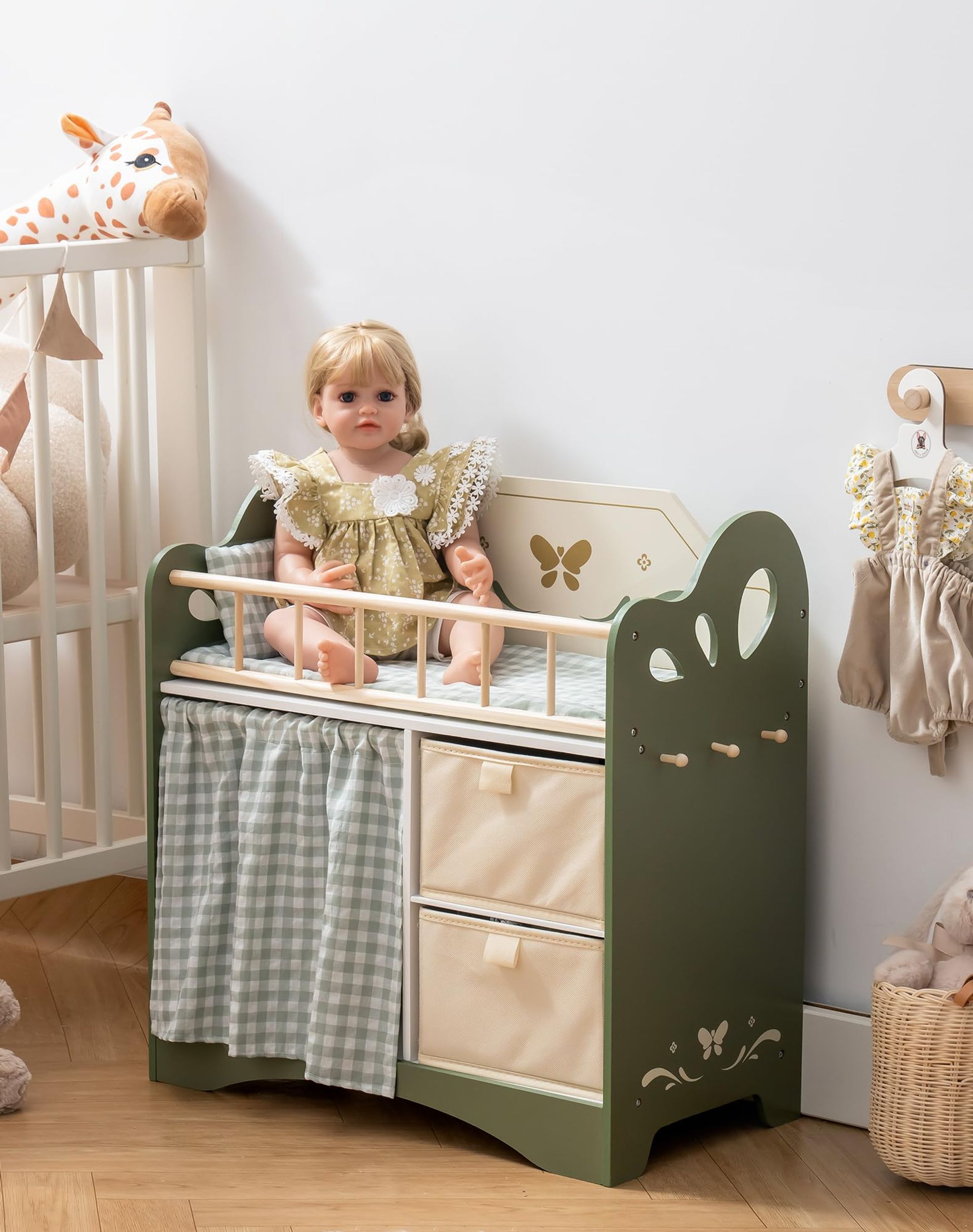 Wooden Baby Doll Crib with Storage Cabinet and Bedding Accessories, Toy Furniture for 22-Inch Dolls - Green 56 cm